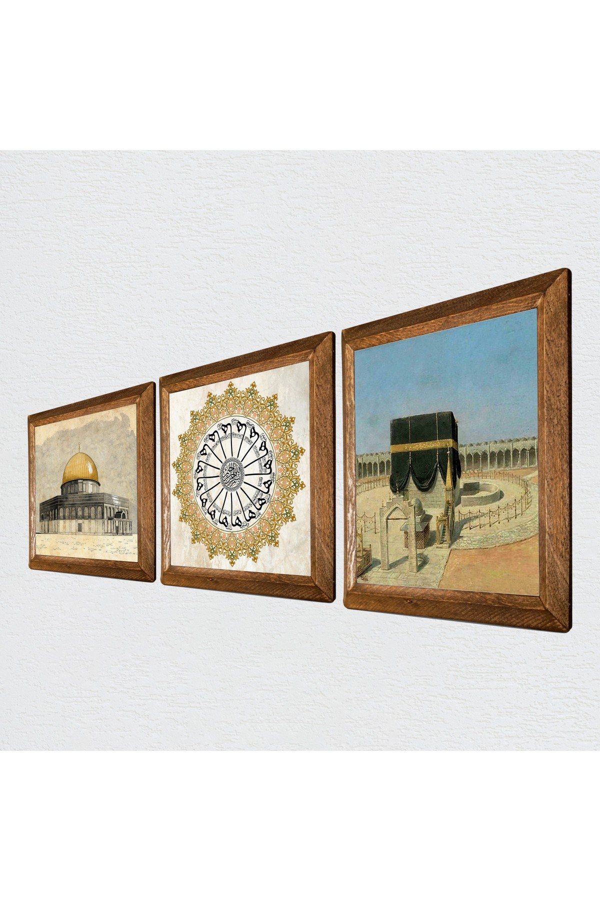 Surah Shams, Kaaba Al-Muazzama, Masjid al-Aqsa Stone Wall Painting Wooden Framed Wall Decoration 3 Piece Painting Set Wall Art