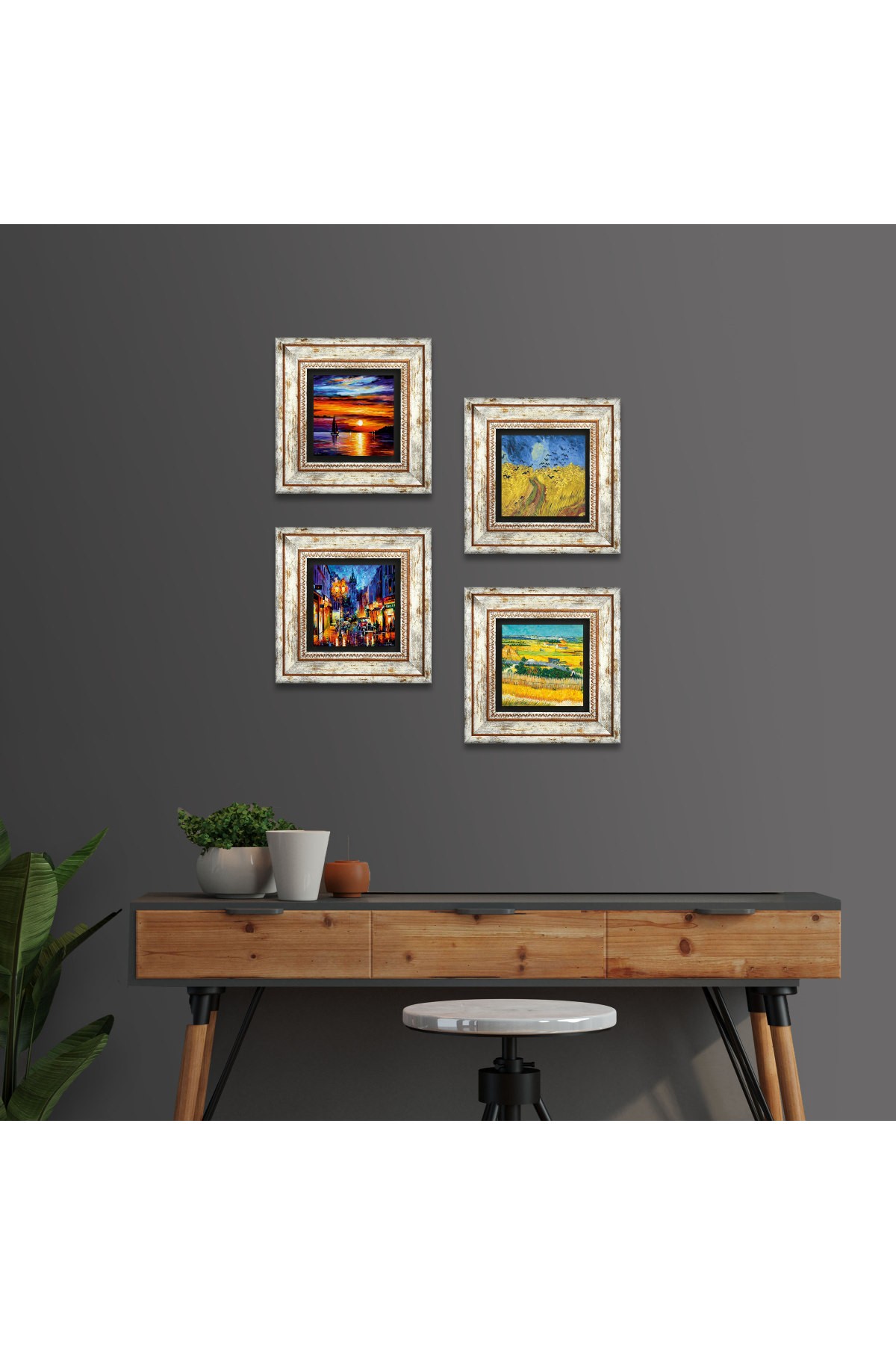 Van Gogh, Seascape, Street View Stone Wall Painting Framed Wall Decor 4 Piece Painting Set Wall Art