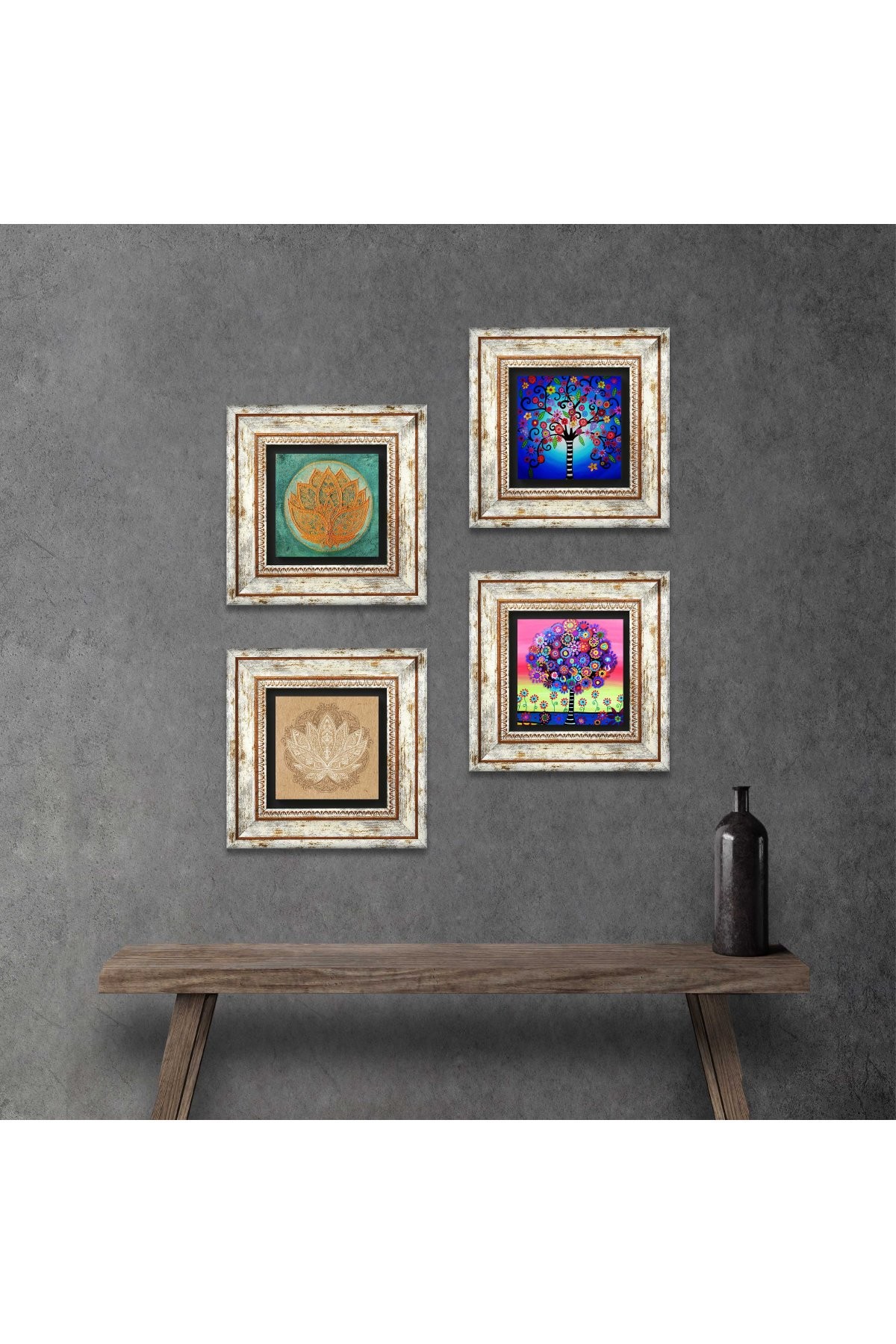 Lotus Çiçeği, Hayat Ağacı Taş Duvar Tablosu Çerçeveli Duvar Dekoru 4 Parça Tablo Seti Wall Art