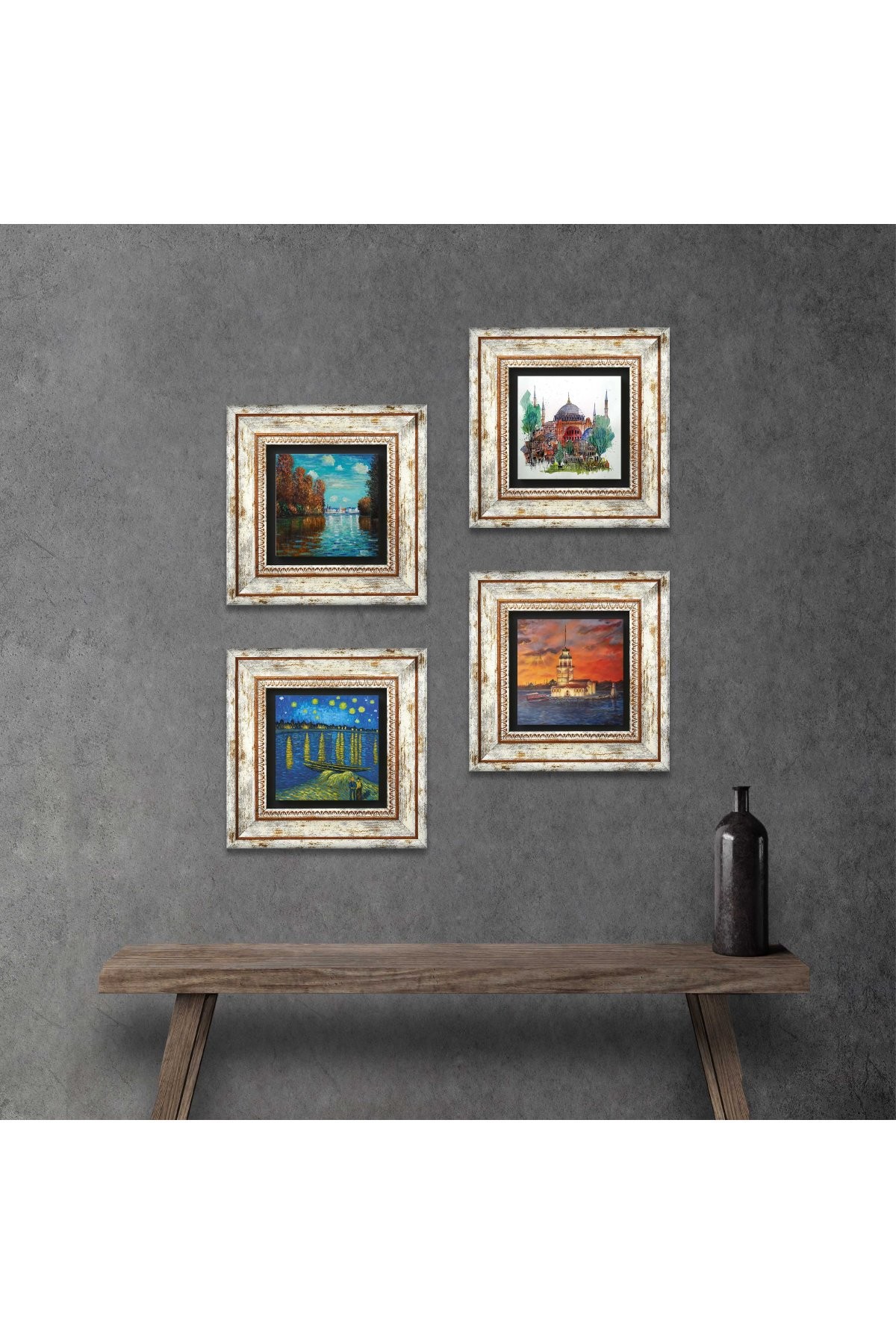 Van Gogh, Claude Monet, Istanbul Hagia Sophia, Maiden's Tower Stone Wall Painting Framed Wall Decor 4 Piece Painting Set Wall Art