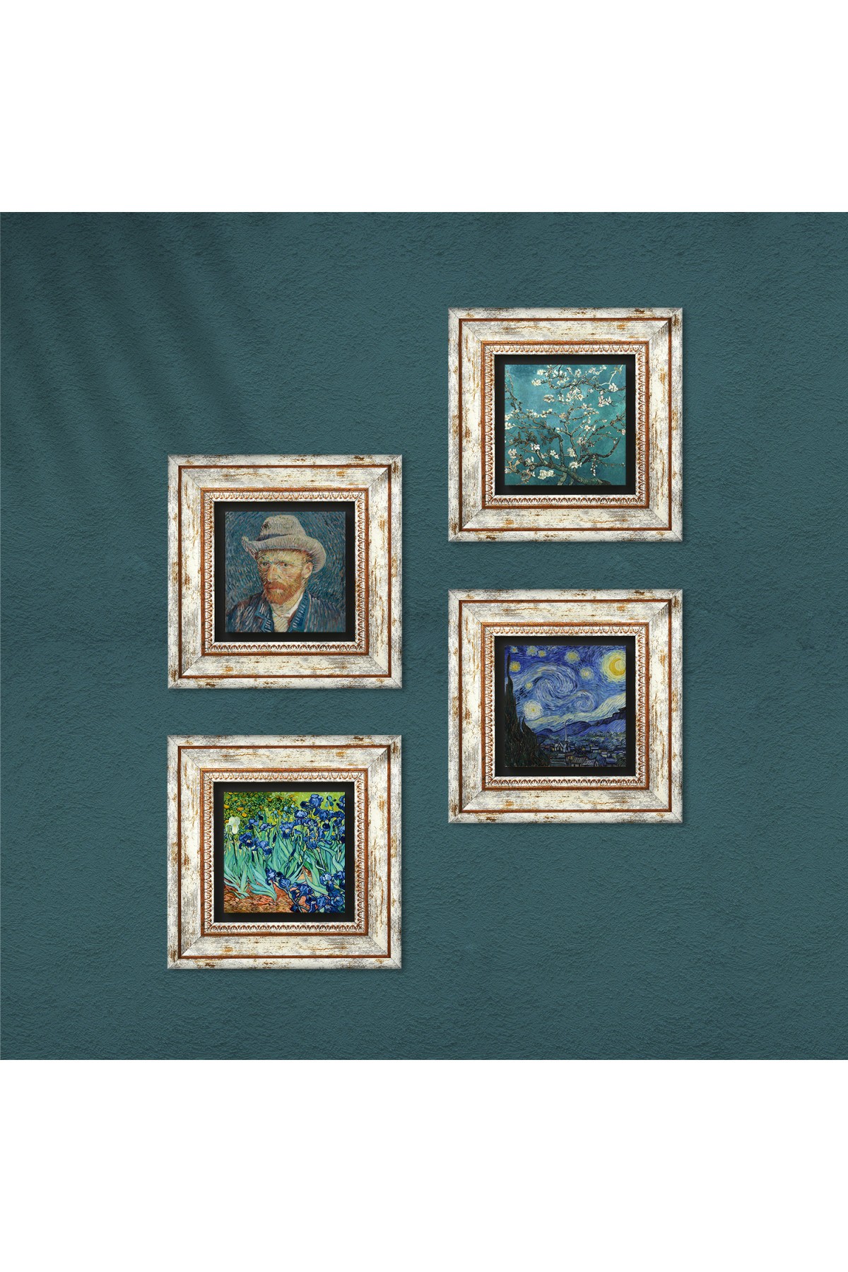 Van Gogh Yıldızlı Gece, Badem Ağacı, İrisler, Otoportre Taş Duvar Tablosu Çerçeveli Duvar Dekoru 4 Parça Tablo Seti Wall Art