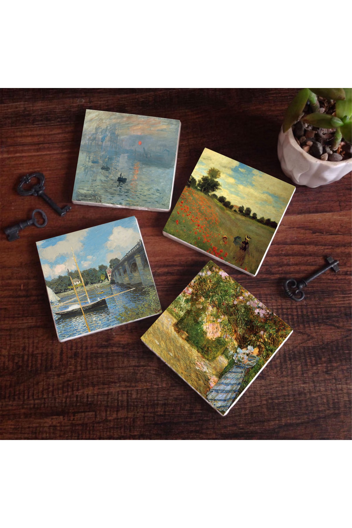 Claude Monet Bahçede, Argenteuil'de Köprü, Gelincikler, İzlenim Gün Doğumu Taş Bardak Altlığı Masaüstü Koruyucu Altlık 4 Parça Set 10x10cm Stone Coasters