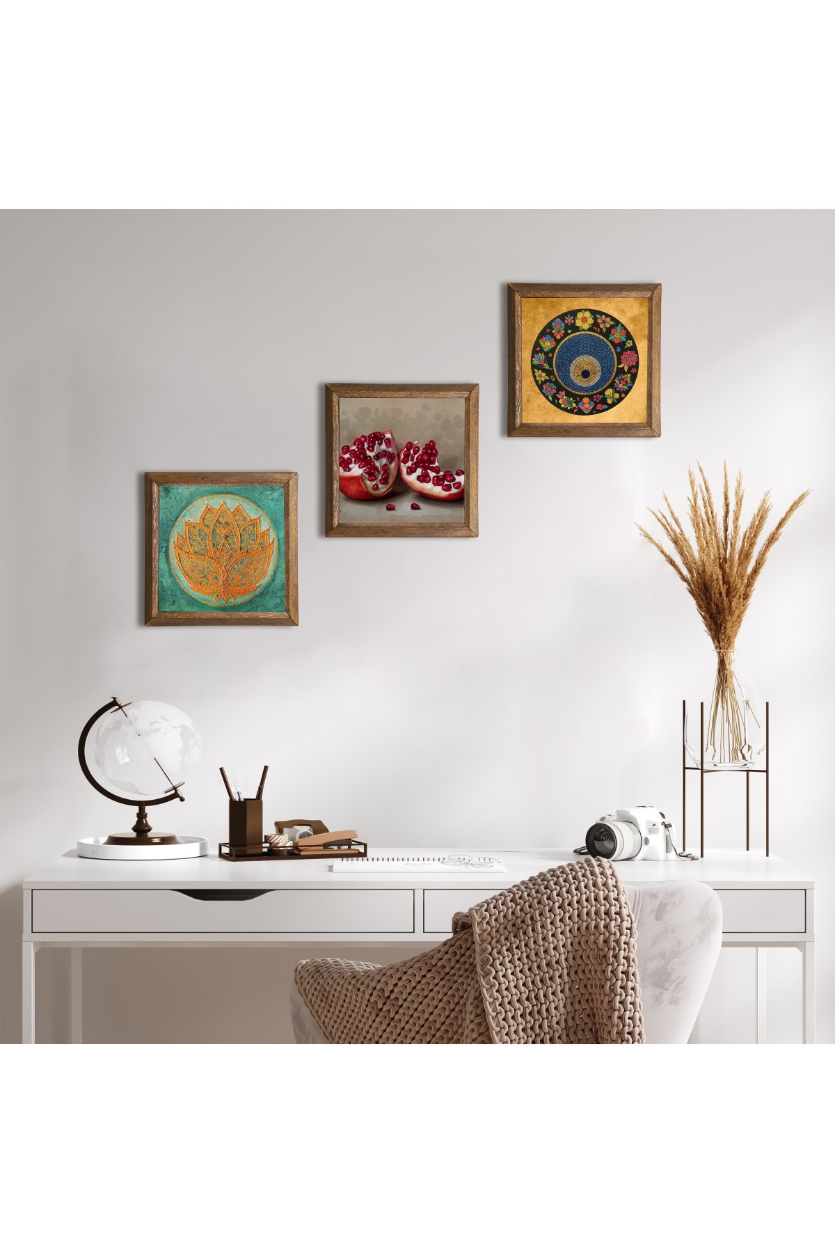 Lotus Flower, Evil Eye, Pomegranate Stone Wall Painting Wooden Framed Wall Decor 3 Piece Painting Set Wall Art