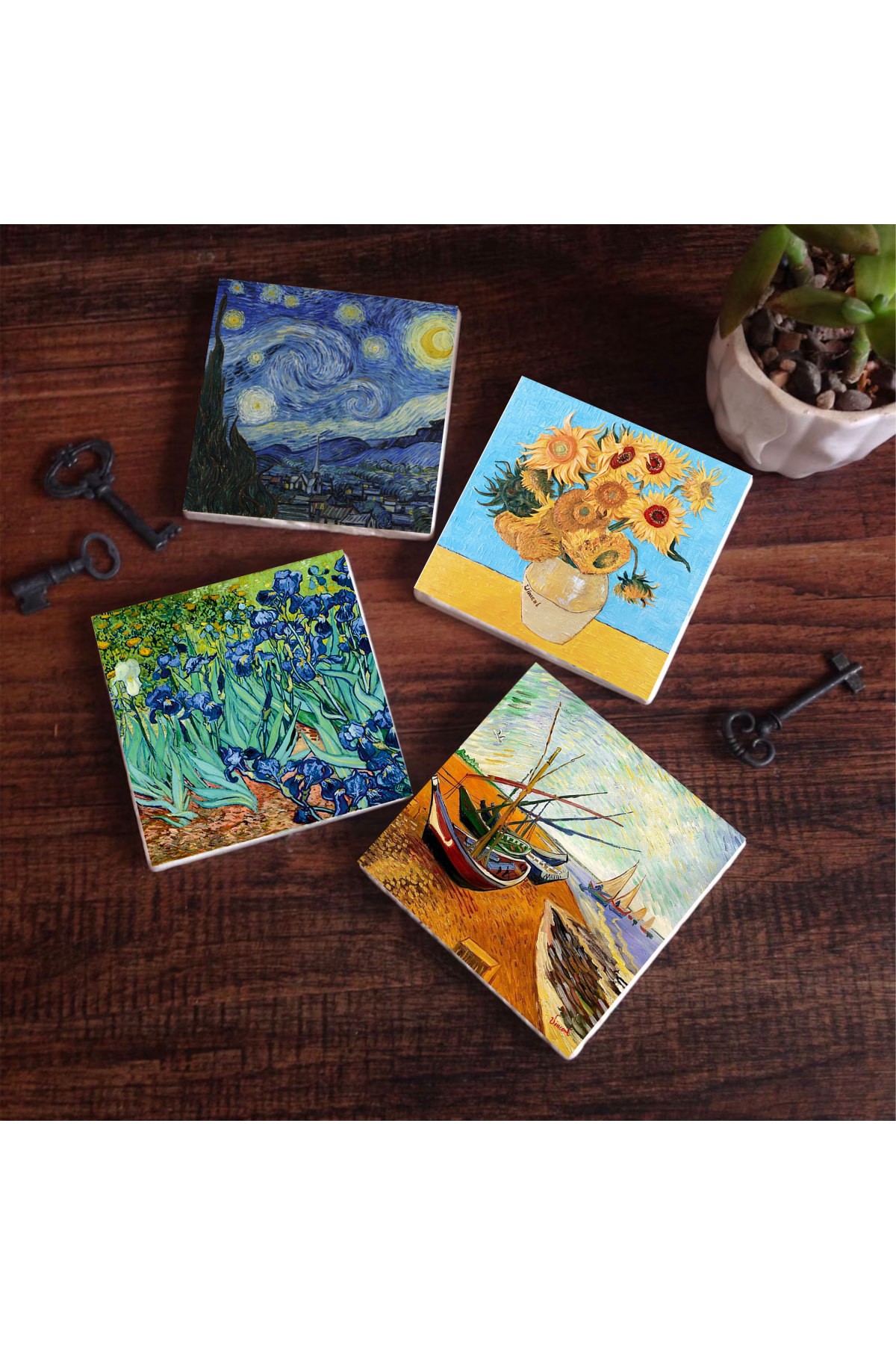 Van Gogh Balıkçı Tekneleri, On İki Ayçiçekli Vazo, İrisler, Yıldızlı Gece Taş Bardak Altlığı Masaüstü Koruyucu Altlık 4 Parça Set 10x10cm Stone Coasters