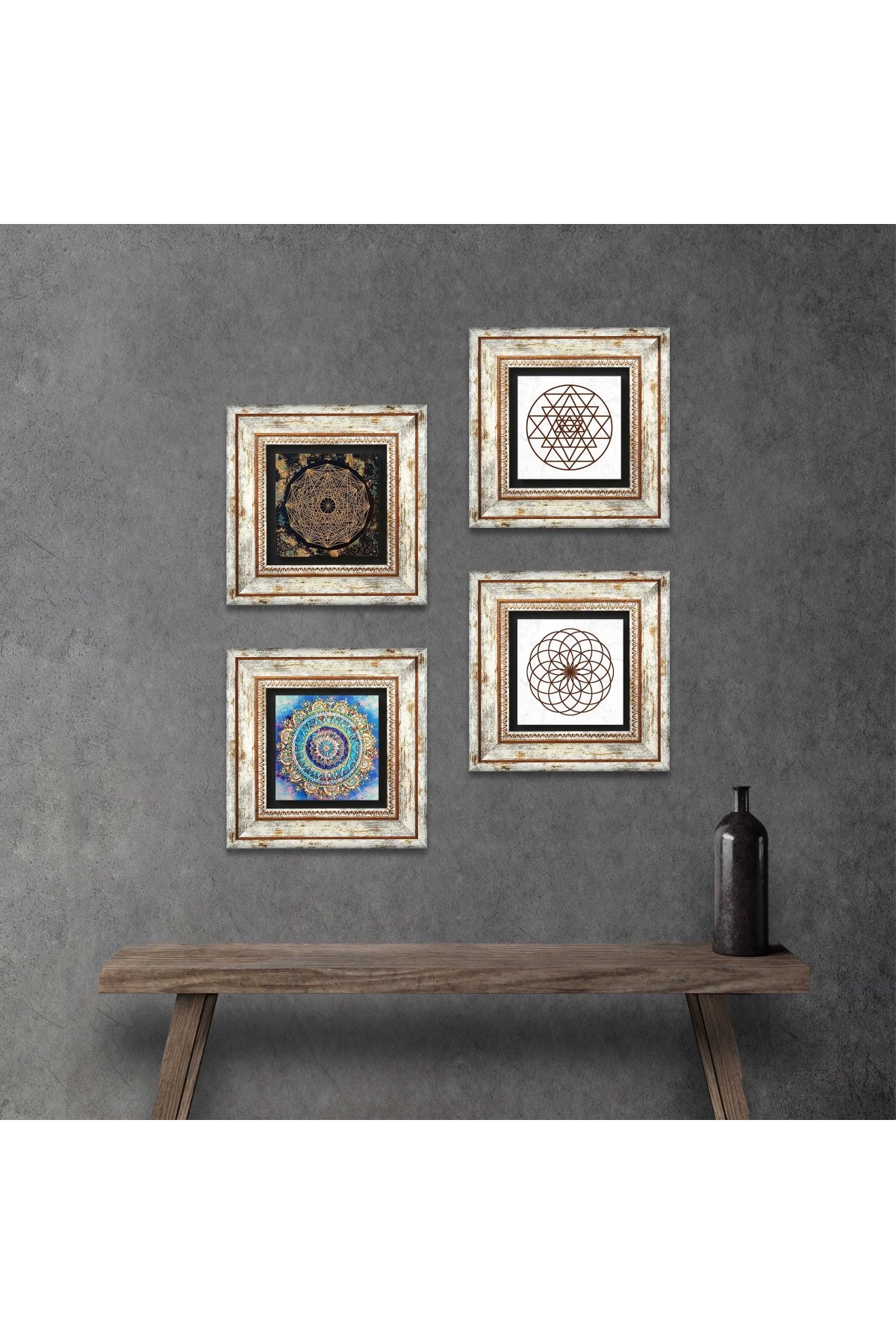 Mandala, Yaşam Çiçeği, Sri Yantra Taş Duvar Tablosu Çerçeveli Duvar Dekoru 4 Parça Tablo Seti Wall Art