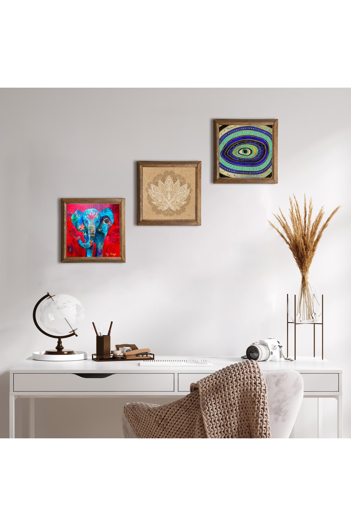 Fil, Nazar, Lotus Çiçeği Taş Duvar Tablosu Ahşap Çerçeveli Duvar Dekoru 3 Parça Tablo Seti Wall Art