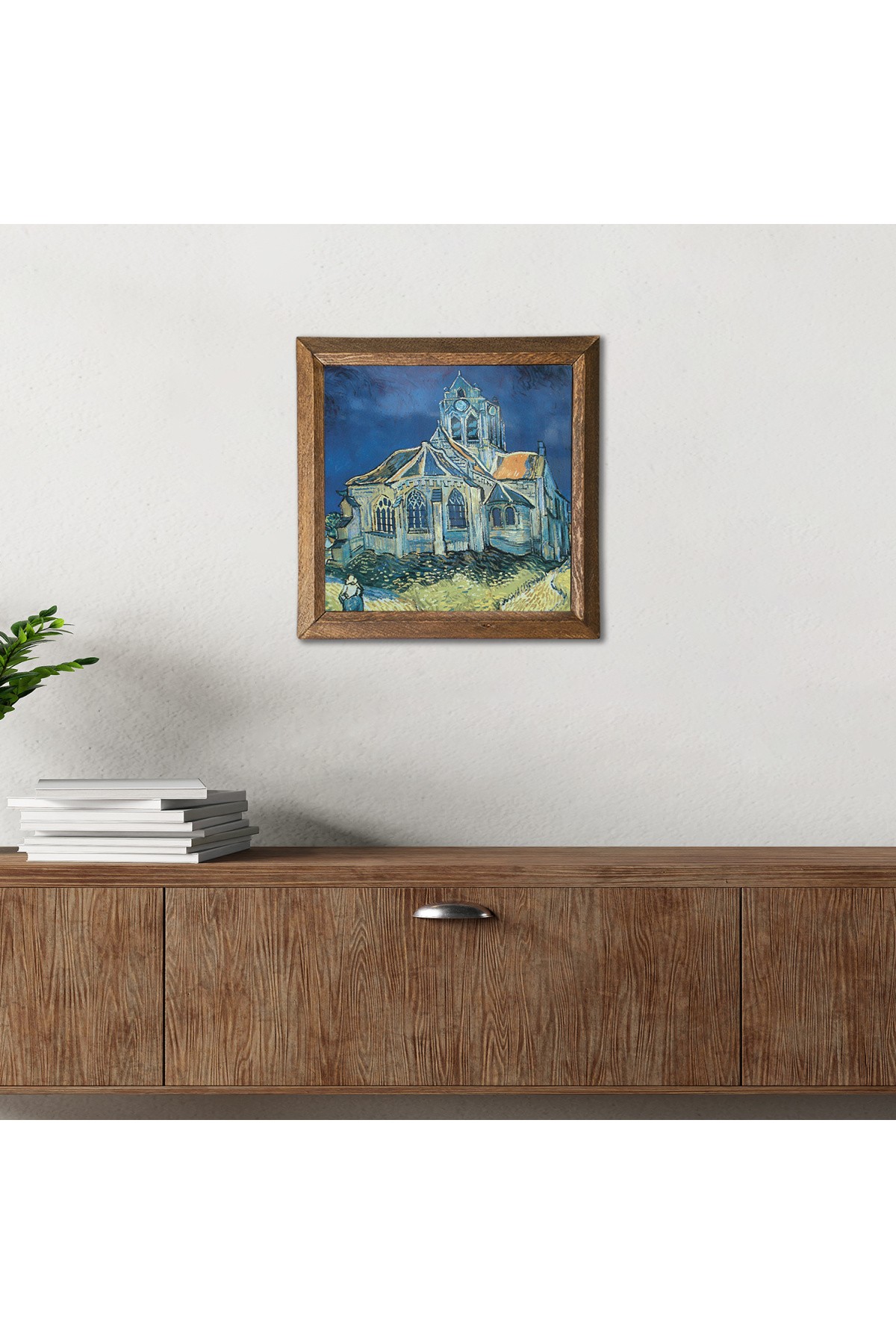 Vincent van Gogh Auvers'deki Kilise Taş Duvar Tablosu Ahşap Çerçeveli Duvar Dekoru Wall Art 25x25cm