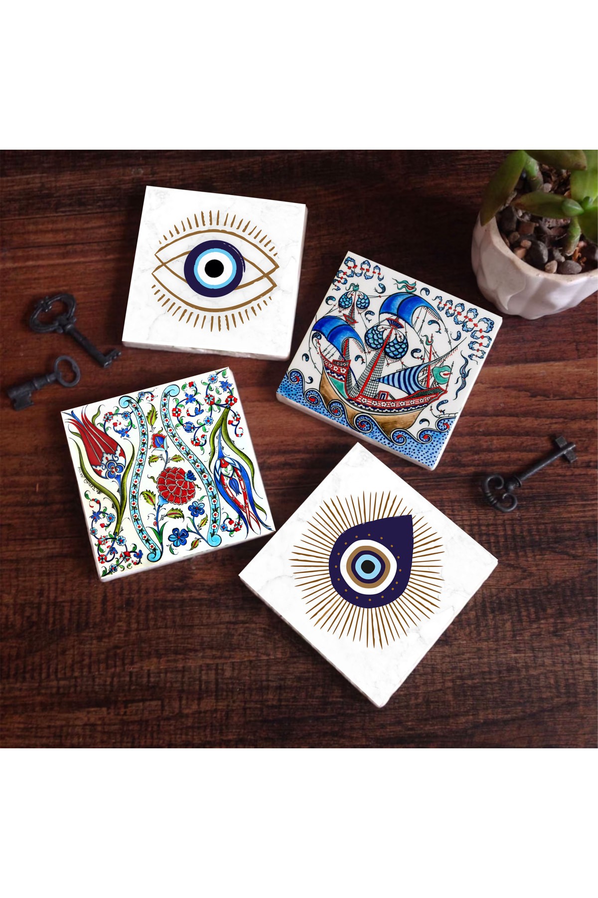 Evil Eye, Tile Art Tulip, Sailing Ship Stone Coasters Desktop Protective Coasters 4 Piece Set 10x10cm Stone Coasters