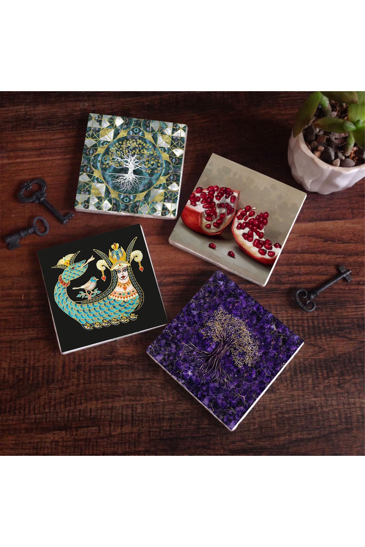 Tree of Life, Shahmaran, Pomegranate Stone Coasters Desktop Protective Coasters 4 Piece Set 10x10cm Stone Coasters