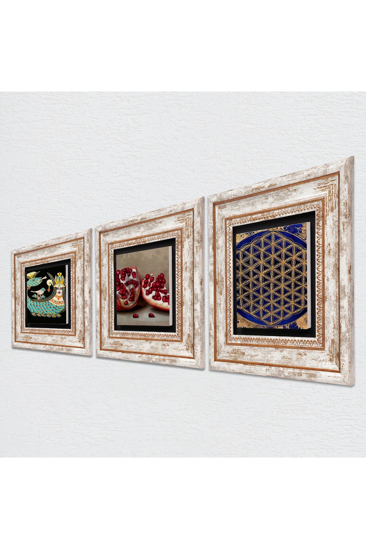 Flower of Life, Shahmaran, Pomegranate Stone Wall Painting Framed Wall Decor 3 Piece Painting Set Wall Art