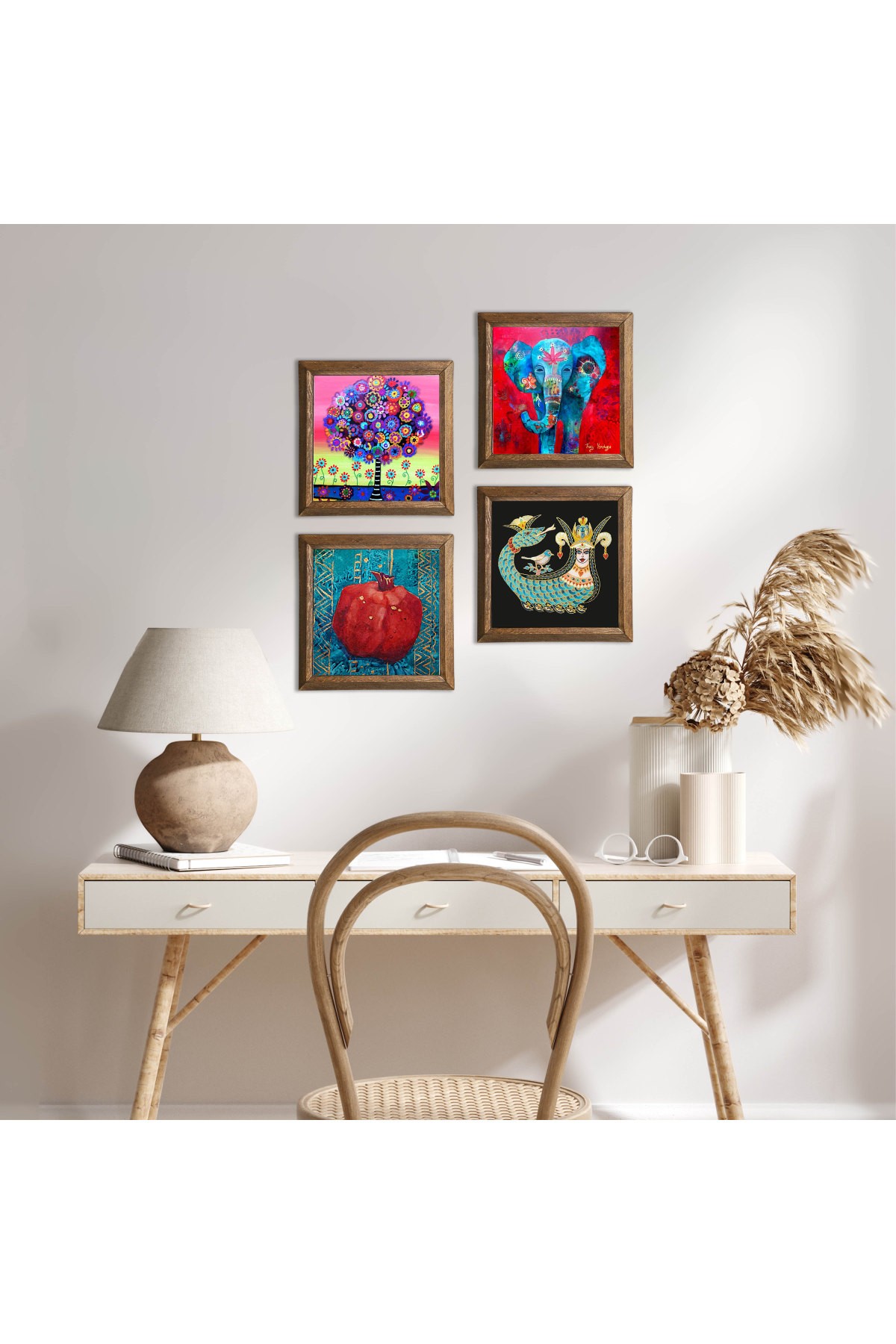 Elephant, Tree of Life, Shahmaran, Pomegranate Stone Wall Painting Wooden Framed Wall Decor 4 Piece Painting Set Wall Art