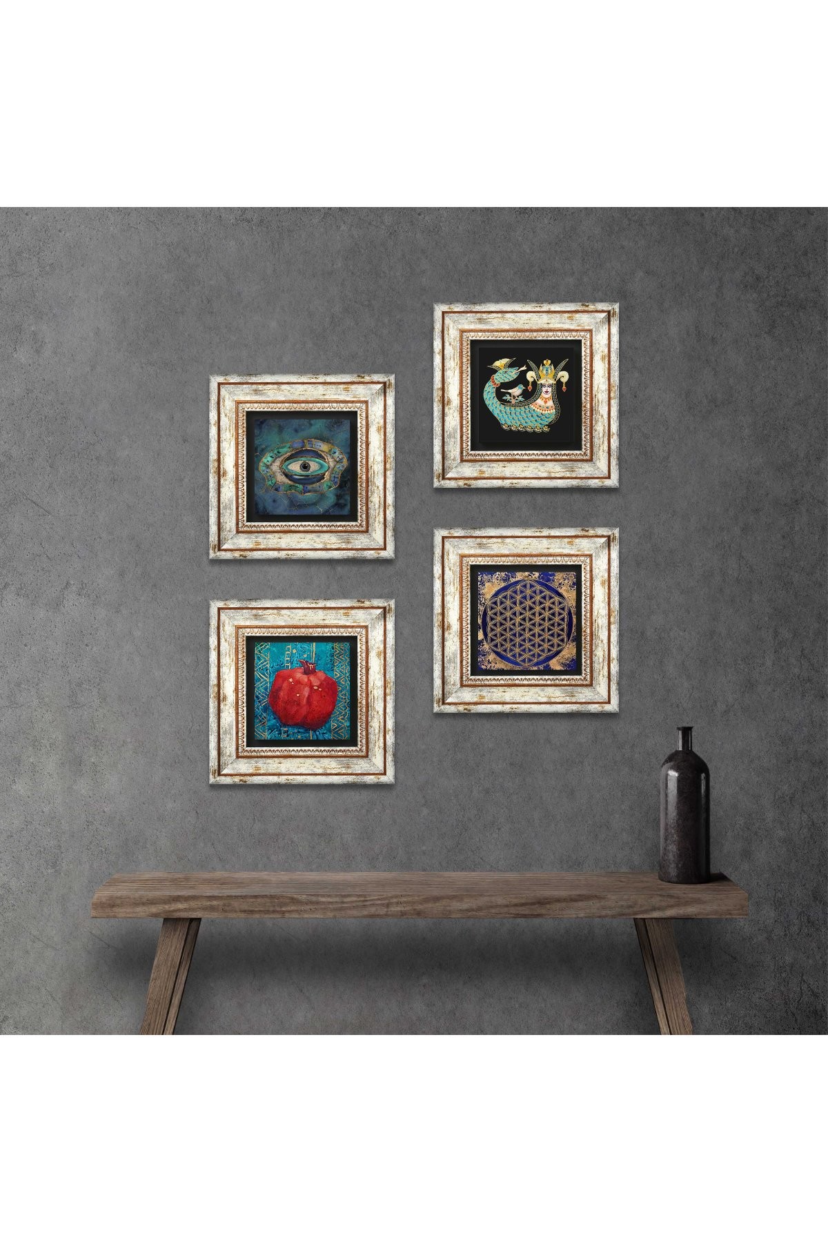 Evil Eye, Flower of Life, Shahmaran, Pomegranate Stone Wall Painting Framed Wall Decor 4 Piece Painting Set Wall Art