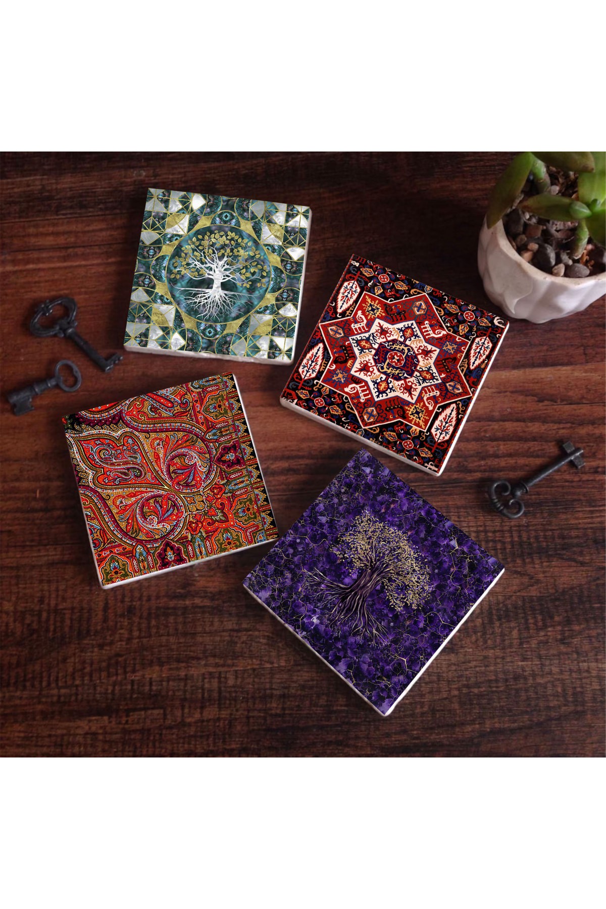 Hayat Ağacı, Desen Taş Bardak Altlığı Masaüstü Koruyucu Altlık 4 Parça Set 10x10cm Stone Coasters