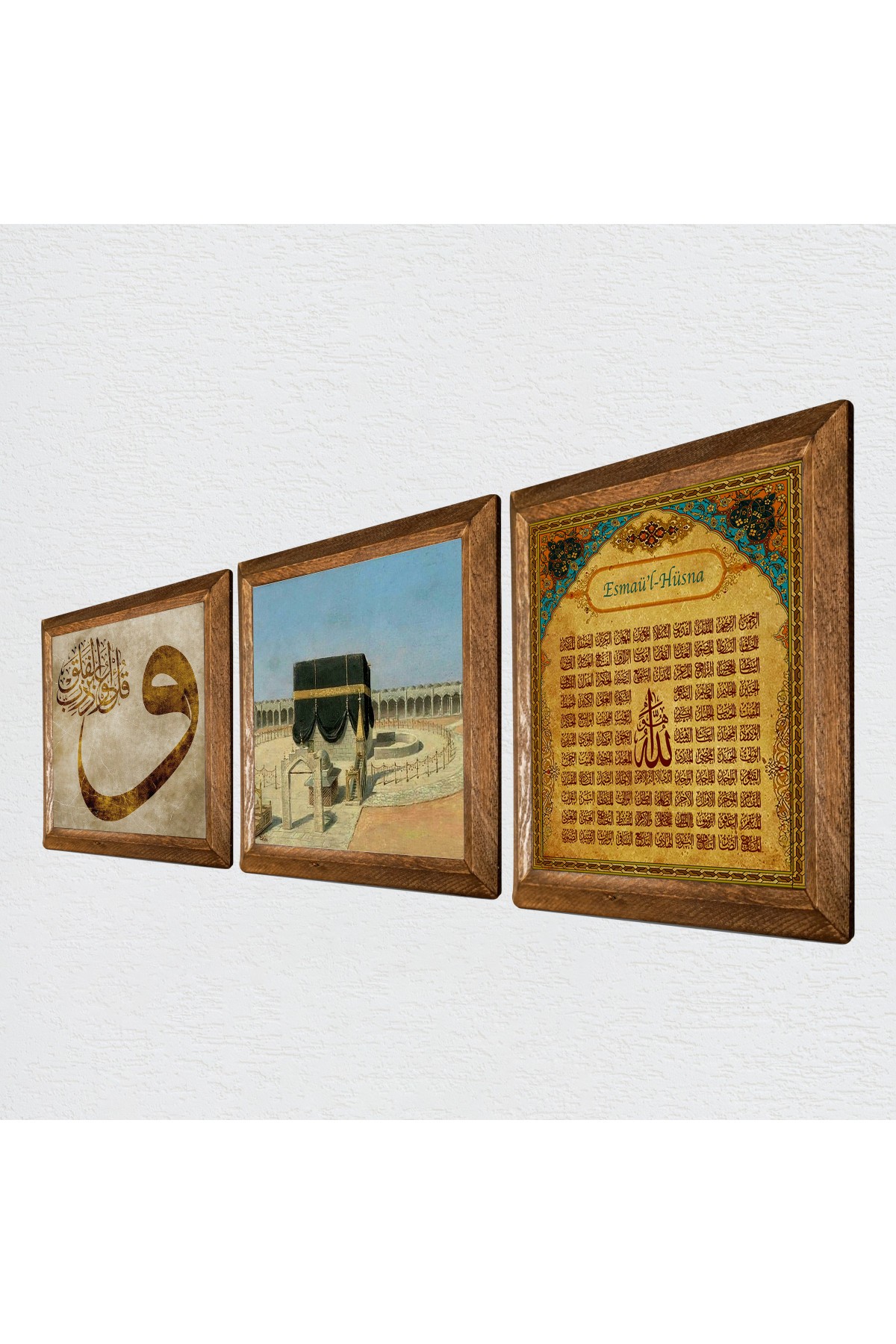 Kaaba-i Muazzama, Vav, Esma'ül Hüsna Stone Wall Painting Wooden Framed Wall Decor 3 Piece Painting Set Wall Art