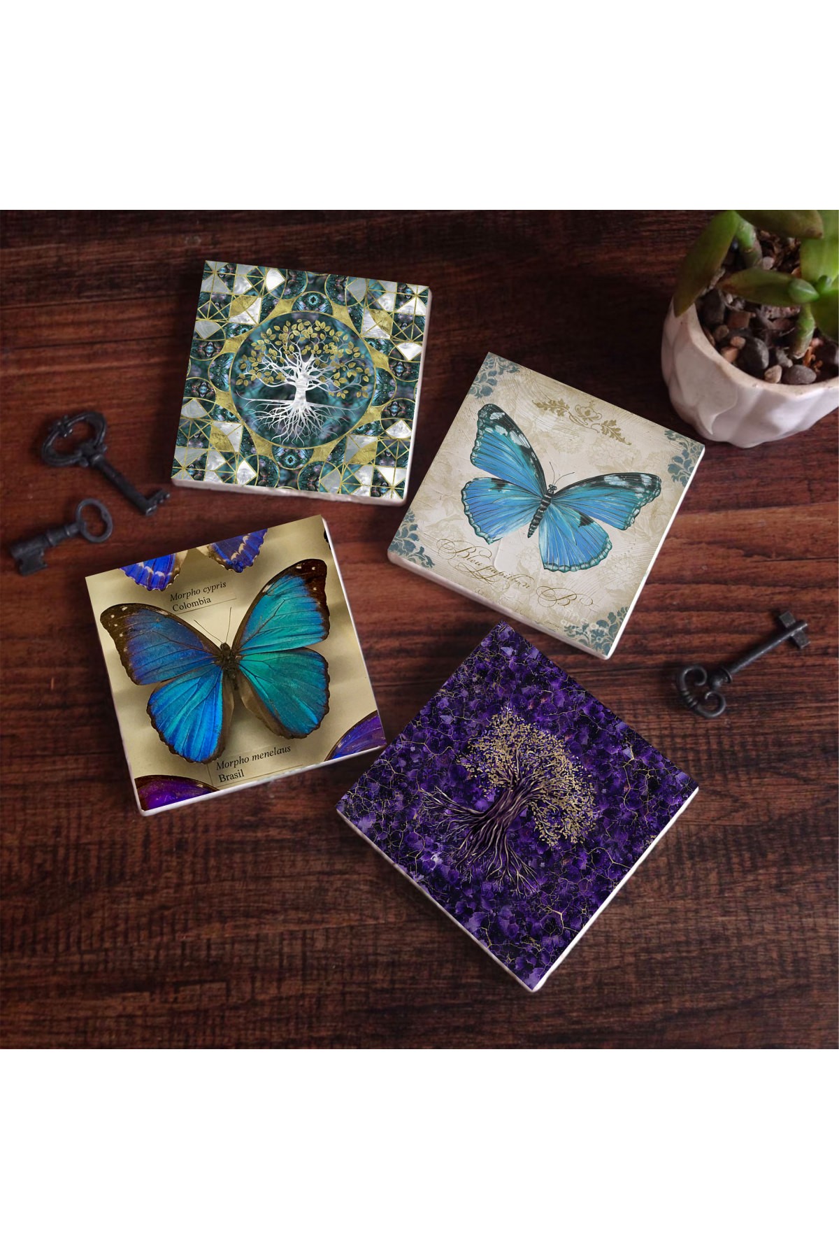 Tree of Life, Butterfly Stone Coasters Desktop Protective Coasters 4 Piece Set 10x10cm Stone Coasters