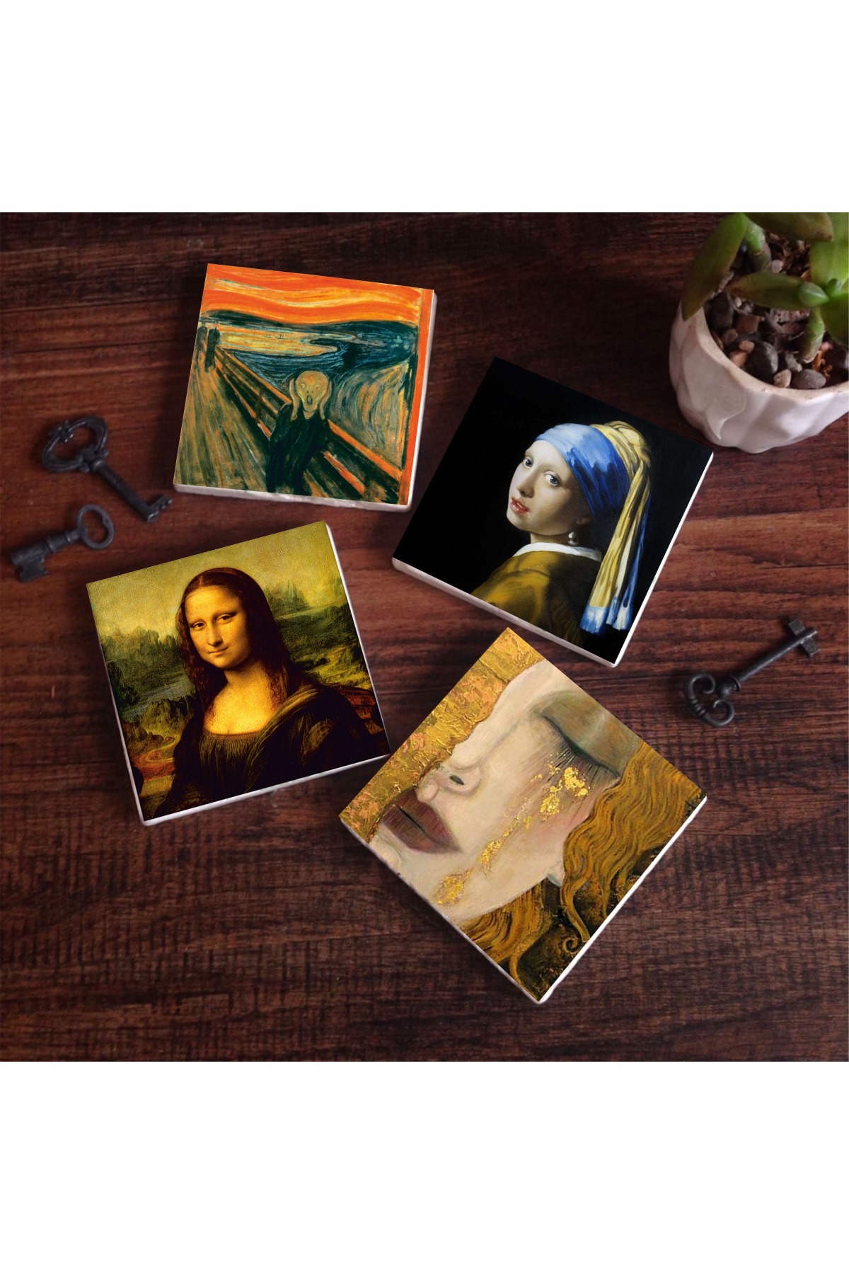 Çığlık, İnci Küpeli Kız, Gustav Klimt Altın Gözyaşları, Da Vinci Mona Lisa Taş Bardak Altlığı Masaüstü Koruyucu Altlık 4 Parça Set 10x10cm Stone Coasters