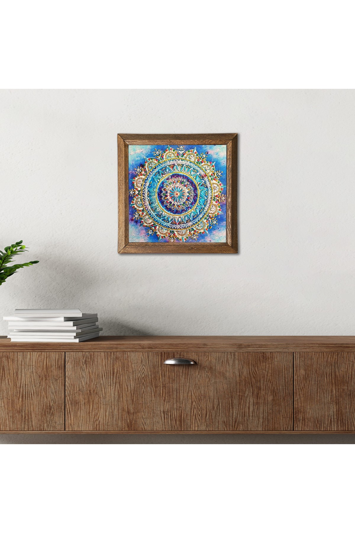 Mandala Taş Duvar Tablosu Ahşap Çerçeveli Duvar Dekoru Wall Art 25x25cm