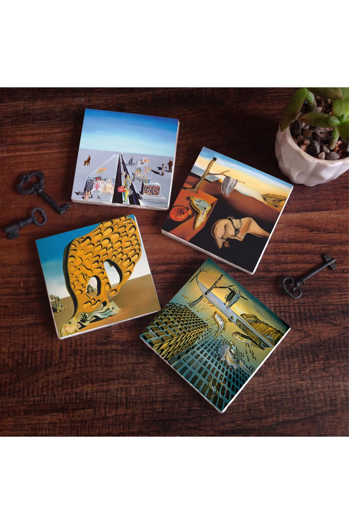 Dalí The Persistence of Memory, The Dissolution of the Persistence of Memory, The Mystery of Desire, The First Days of Spring Stone Coasters Desktop Protective Coasters 4 Piece Set 10x10cm Stone Coasters