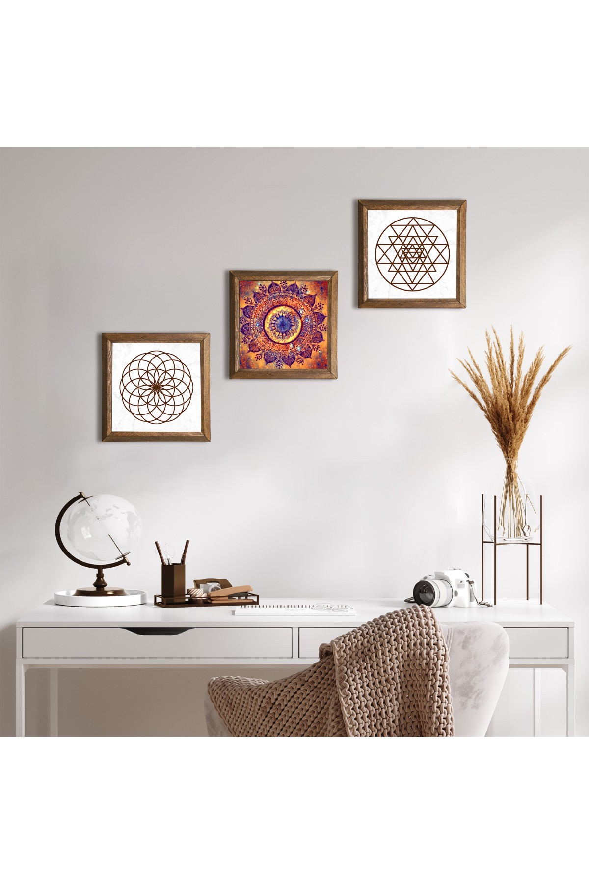 Mandala, Yaşam Çiçeği, Sri Yantra Taş Duvar Tablosu Ahşap Çerçeveli Duvar Dekoru 3 Parça Tablo Seti Wall Art