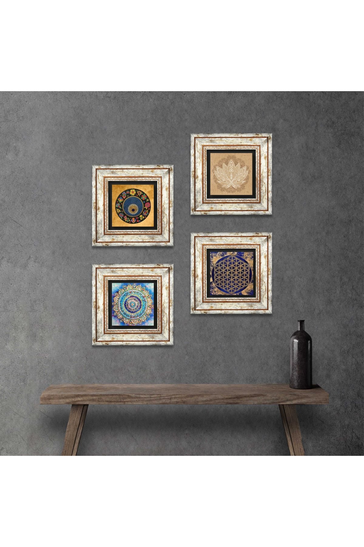 Mandala, Lotus Çiçeği, Yaşam Çiçeği, Nazar Taş Duvar Tablosu Çerçeveli Duvar Dekoru 4 Parça Tablo Seti Wall Art