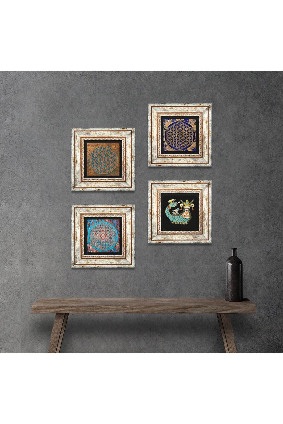 Flower of Life, Shahmaran Stone Wall Painting Framed Wall Decor 4 Piece Painting Set Wall Art