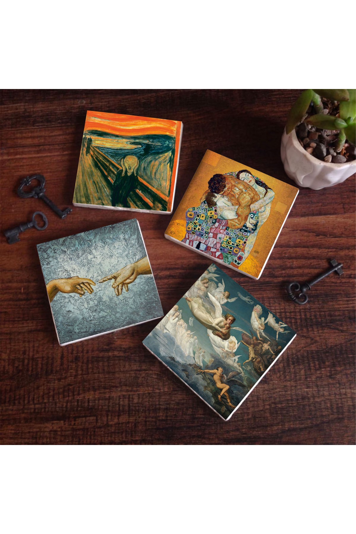 Michelangelo, The Scream, Gustav Klimt Family Embrace, The Crossing of Spirits Louis Janmot Stone Coasters Desktop Protective Coasters 4 Piece Set 10x10cm Stone Coasters