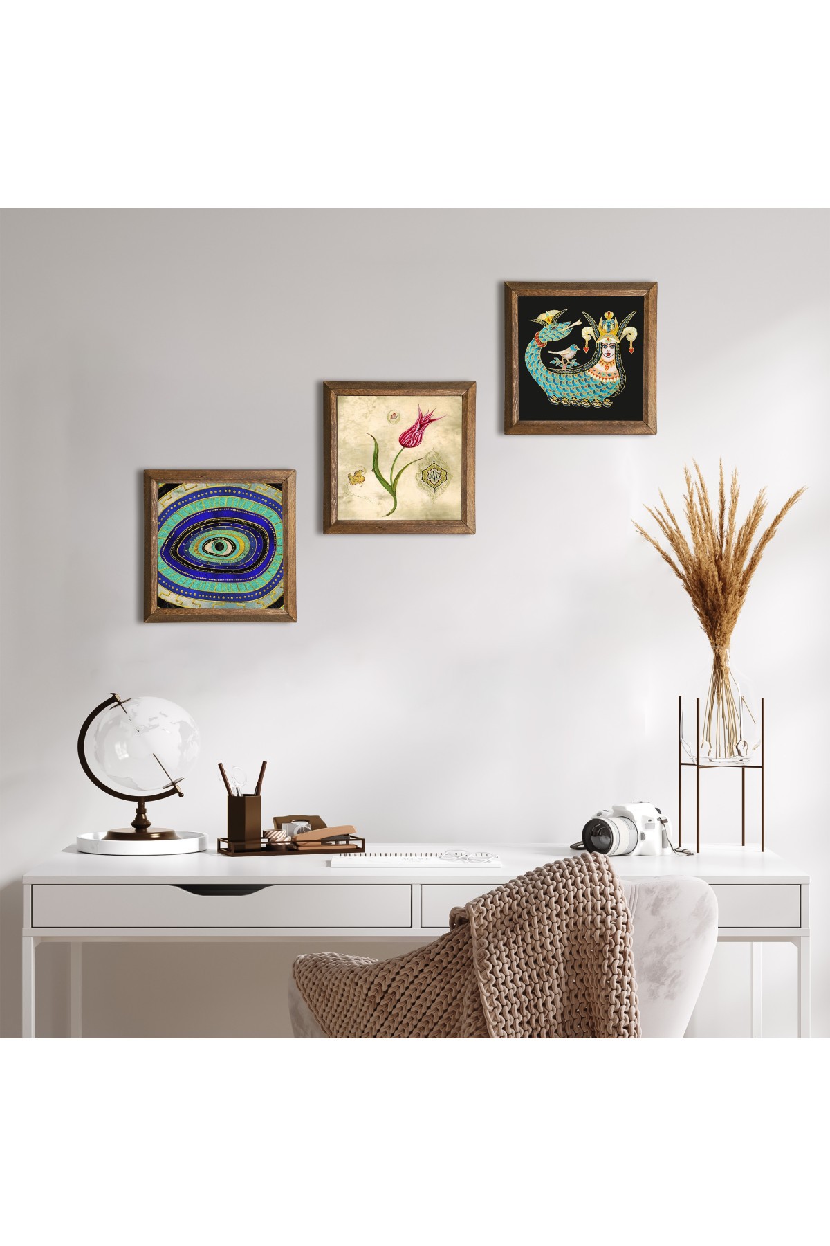 Evil Eye, Tulip Marbling Art, Sahmeran Stone Wall Painting Wooden Framed Wall Decoration 3 Piece Painting Set Wall Art