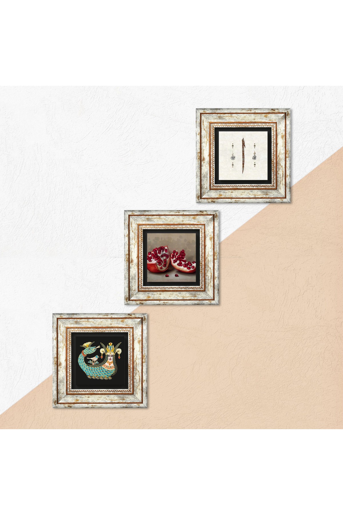 Elif, Shahmeran, Pomegranate Stone Wall Painting Framed Wall Decor 3 Piece Painting Set Wall Art