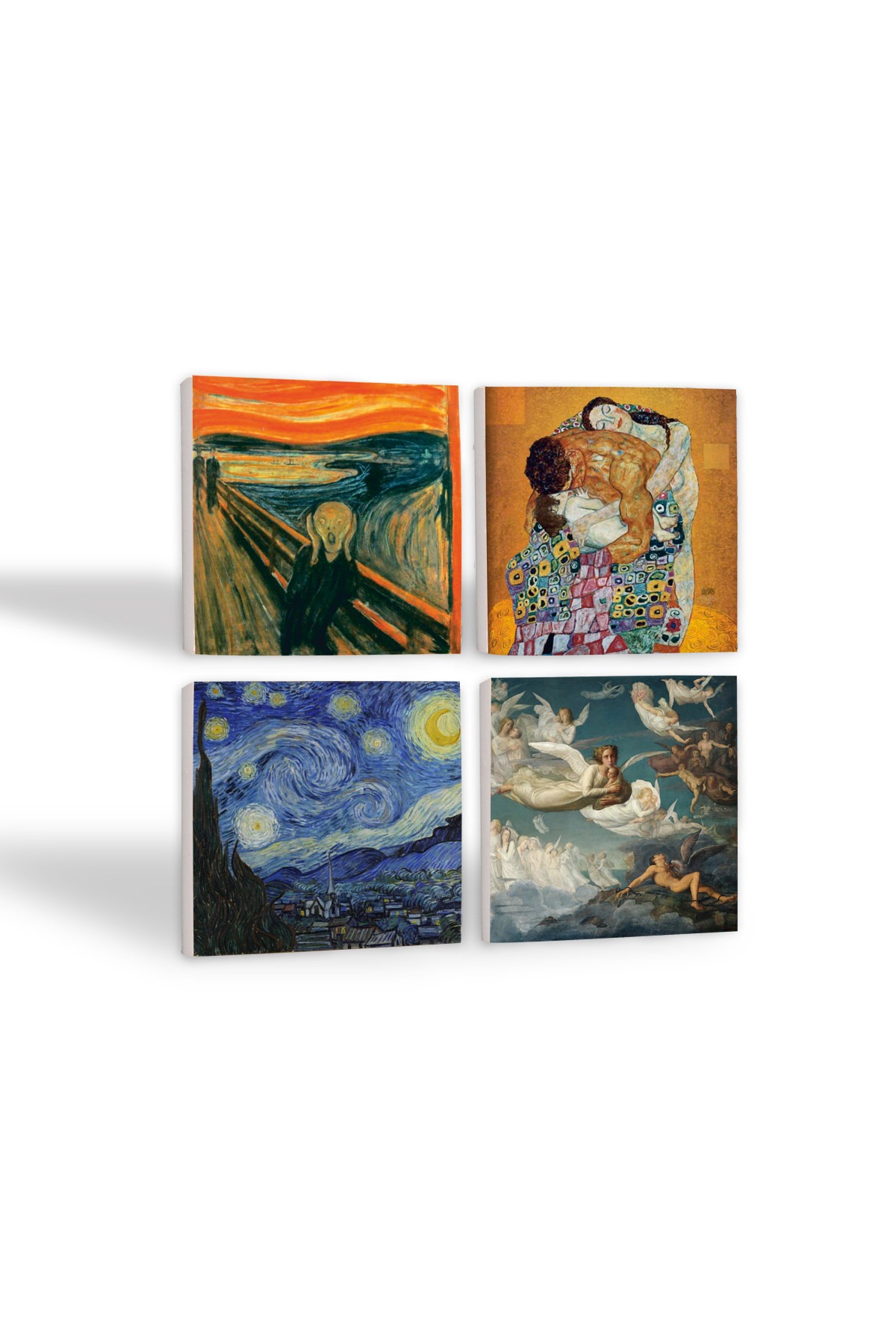 Çığlık, Van Gogh Yıldızlı Gece, Klimt Aile Kucaklama, Ruhların Geçişi Taş Bardak Altlığı Masaüstü Koruyucu Altlık 4 Parça Set 10x10cm Stone Coasters