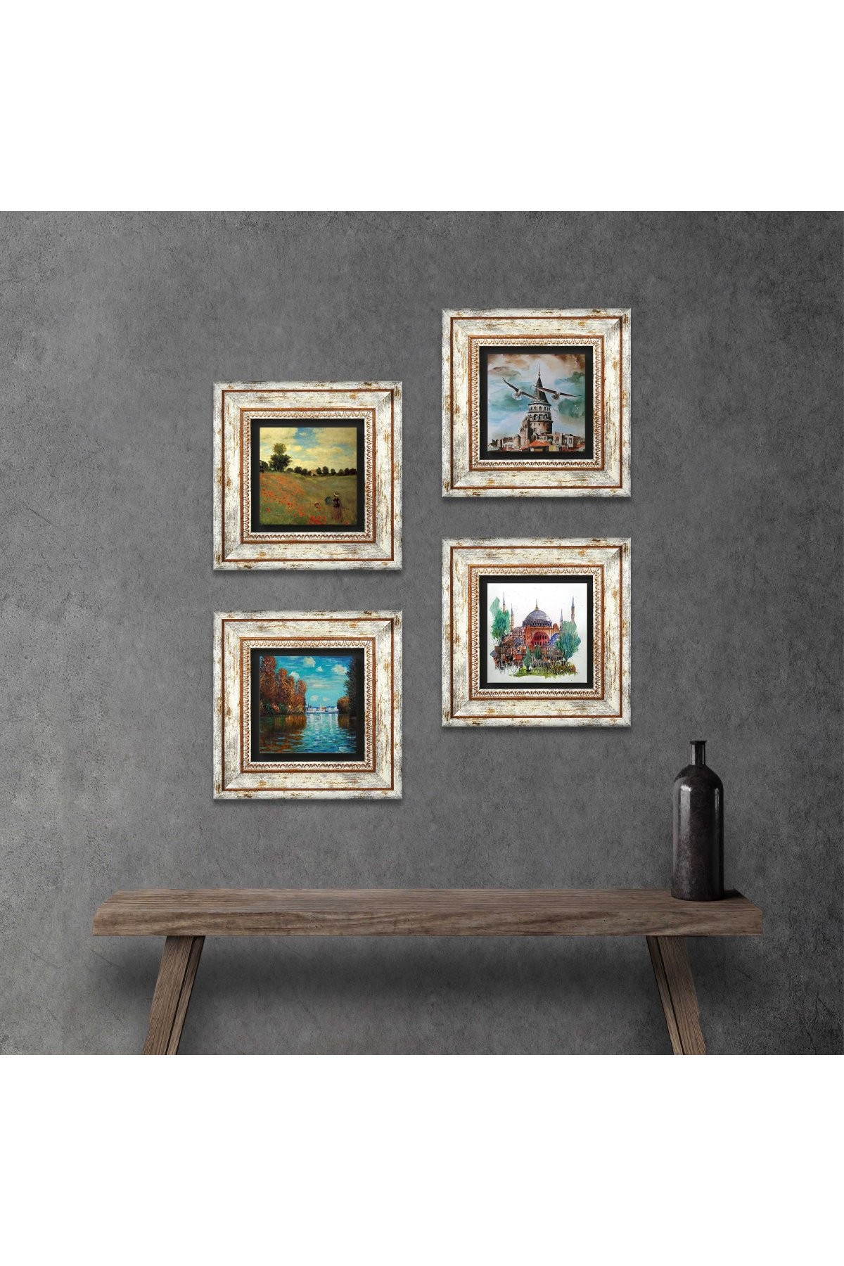 Claude Monet Autumn, Poppies, Hagia Sophia, Galata Tower Stone Wall Painting Framed Wall Decor 4 Piece Painting Set Wall Art