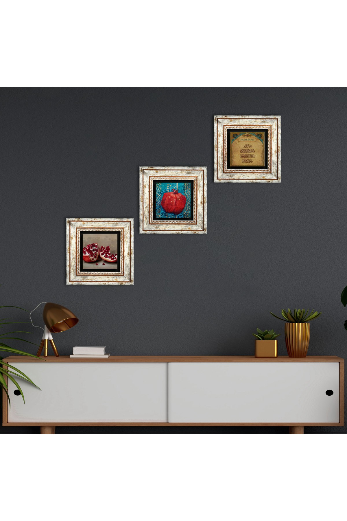 Nazar Duası, Nar Taş Duvar Tablosu Çerçeveli Duvar Dekoru 3 Parça Tablo Seti Wall Art