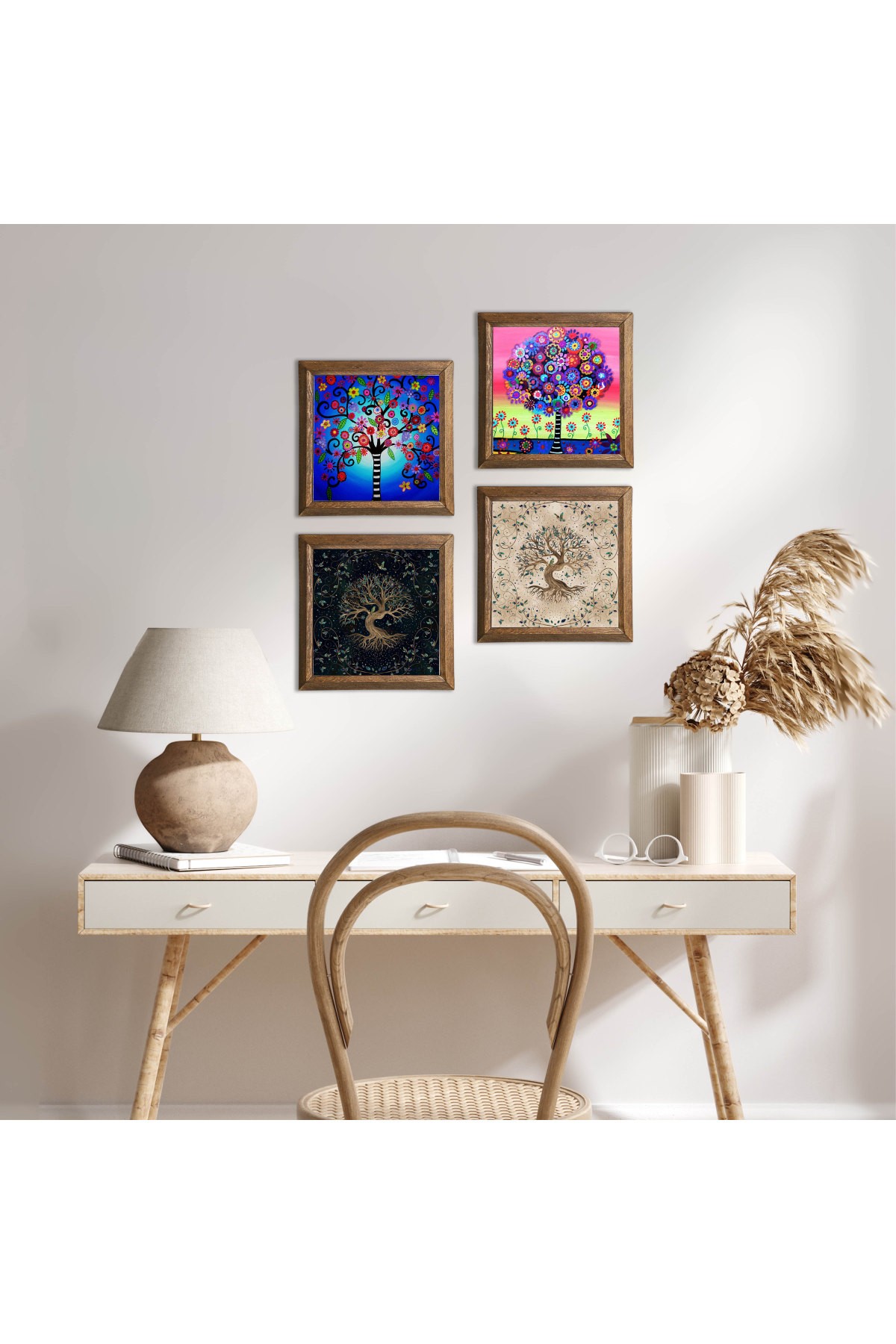 Tree of Life Stone Wall Painting Wooden Framed Wall Decor 4 Piece Painting Set Wall Art