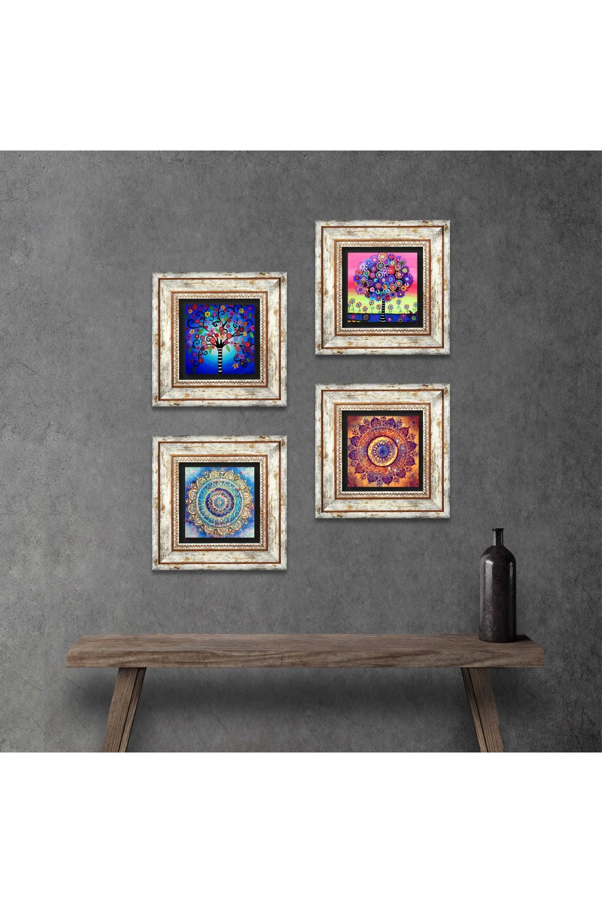 Mandala, Tree of Life Stone Wall Painting Framed Wall Decor 4 Piece Painting Set Wall Art