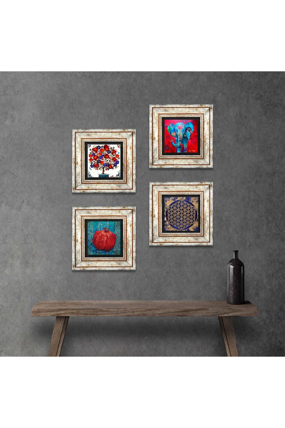 Elephant, Flower of Life, Pomegranate Tree, Pomegranate Stone Wall Painting Framed Wall Decor 4 Piece Painting Set Wall Art