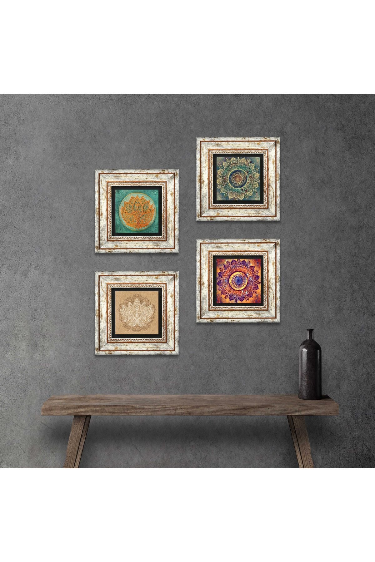 Mandala, Lotus Çiçeği Taş Duvar Tablosu Çerçeveli Duvar Dekoru 4 Parça Tablo Seti Wall Art