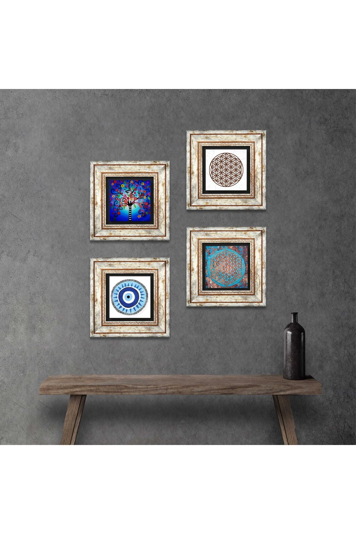 Evil Eye, Flower of Life, Tree of Life Stone Wall Painting Framed Wall Decor 4 Piece Painting Set Wall Art