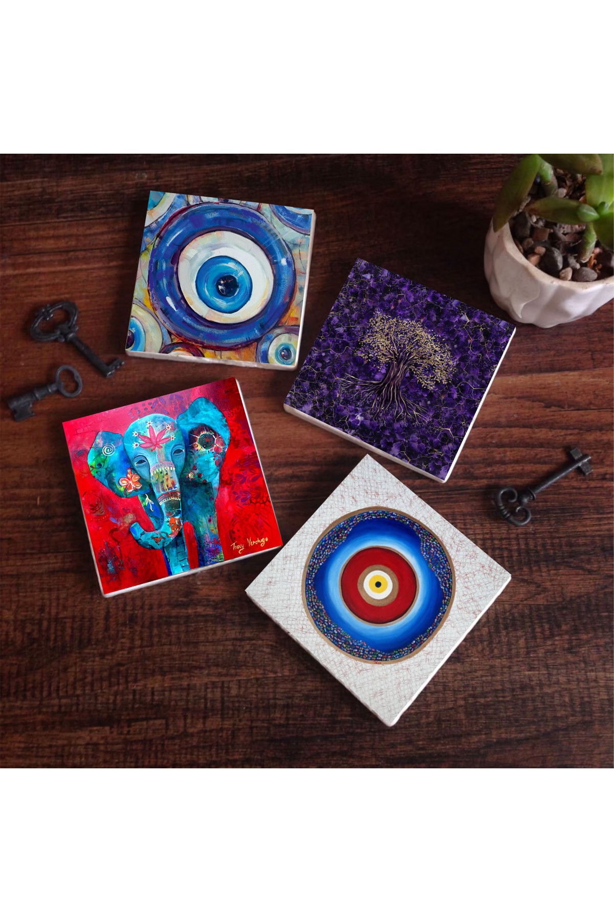 Evil Eye, Tree of Life, Elephant Stone Coasters Desktop Protective Coasters 4 Piece Set 10x10cm Stone Coasters