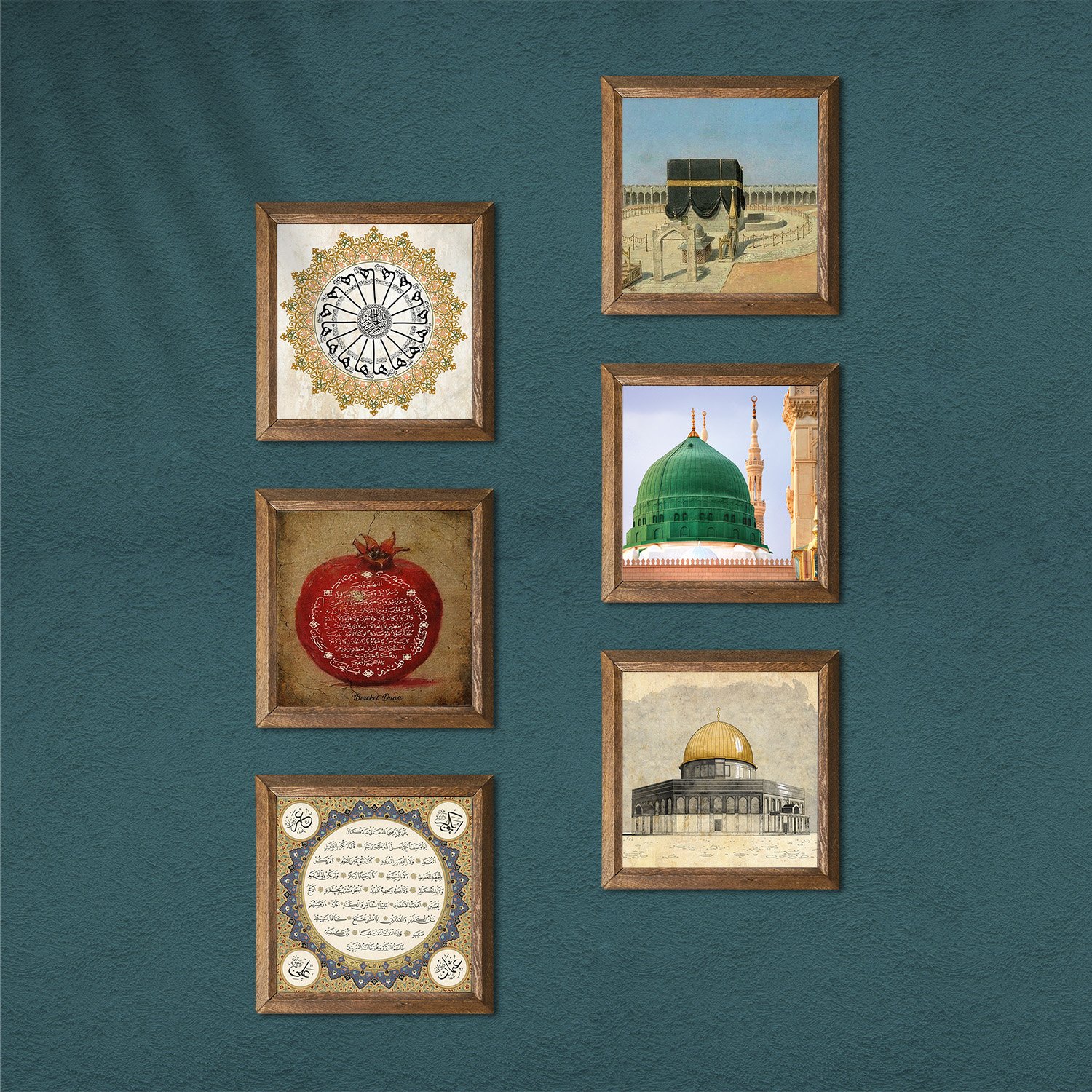 Kaaba-i Muazzama, Masjid al-Aqsa, Ravza-i Mutahhara, Surah Shams, Hilye-i Sharif, Prayer of Blessings Stone Wall Painting Wooden Framed Wall Decoration 6 Piece Painting Set Wall Art