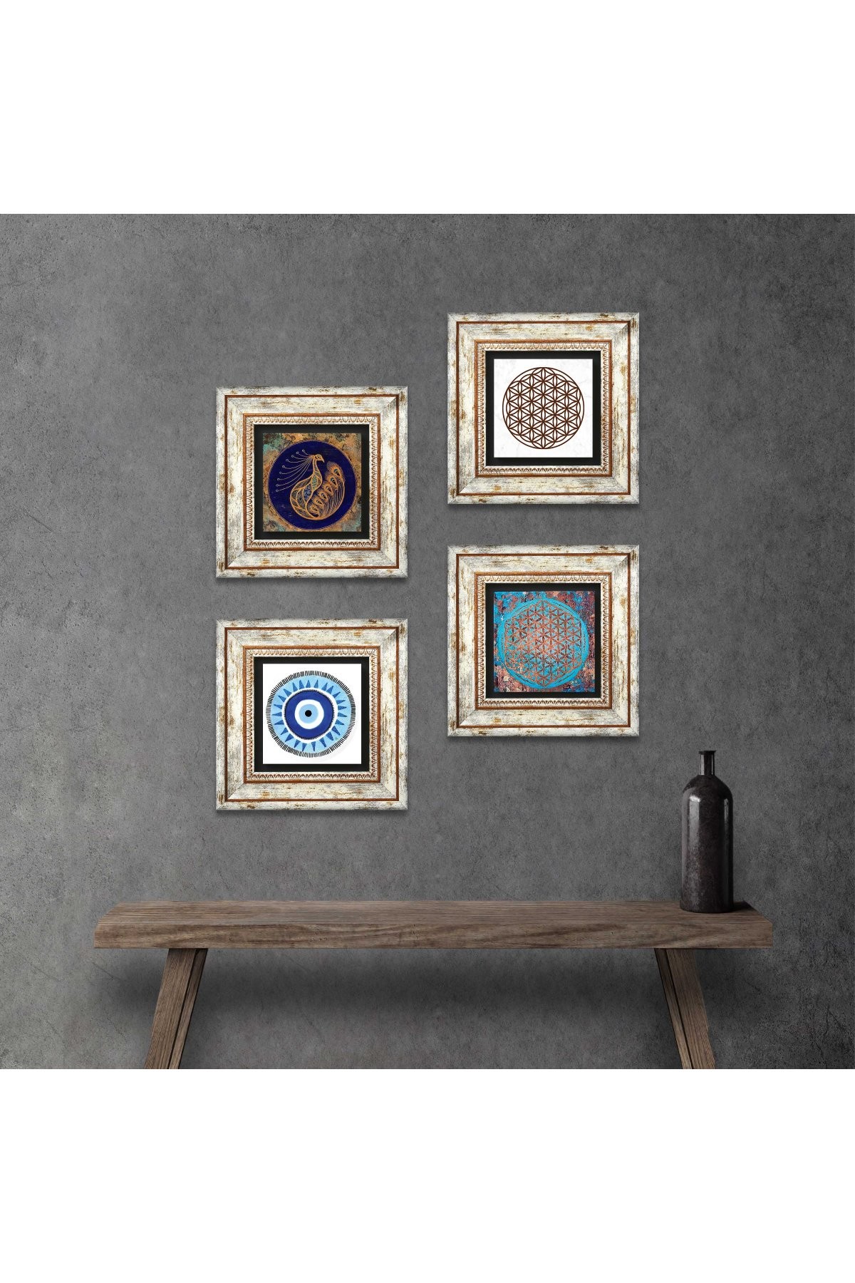 Evil Eye, Peacock, Flower of Life Stone Wall Painting Framed Wall Decor 4 Piece Painting Set Wall Art