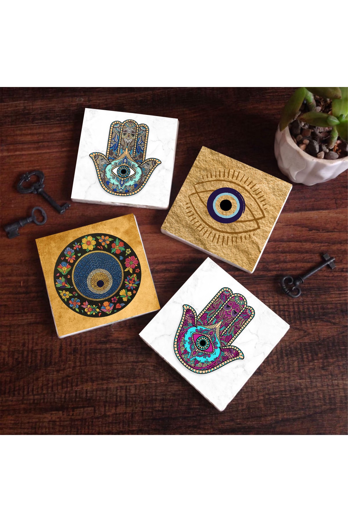 Nazar, Fatma Ana Eli (Hamsa) Taş Bardak Altlığı Masaüstü Koruyucu Altlık 4 Parça Set 10x10cm Stone Coasters