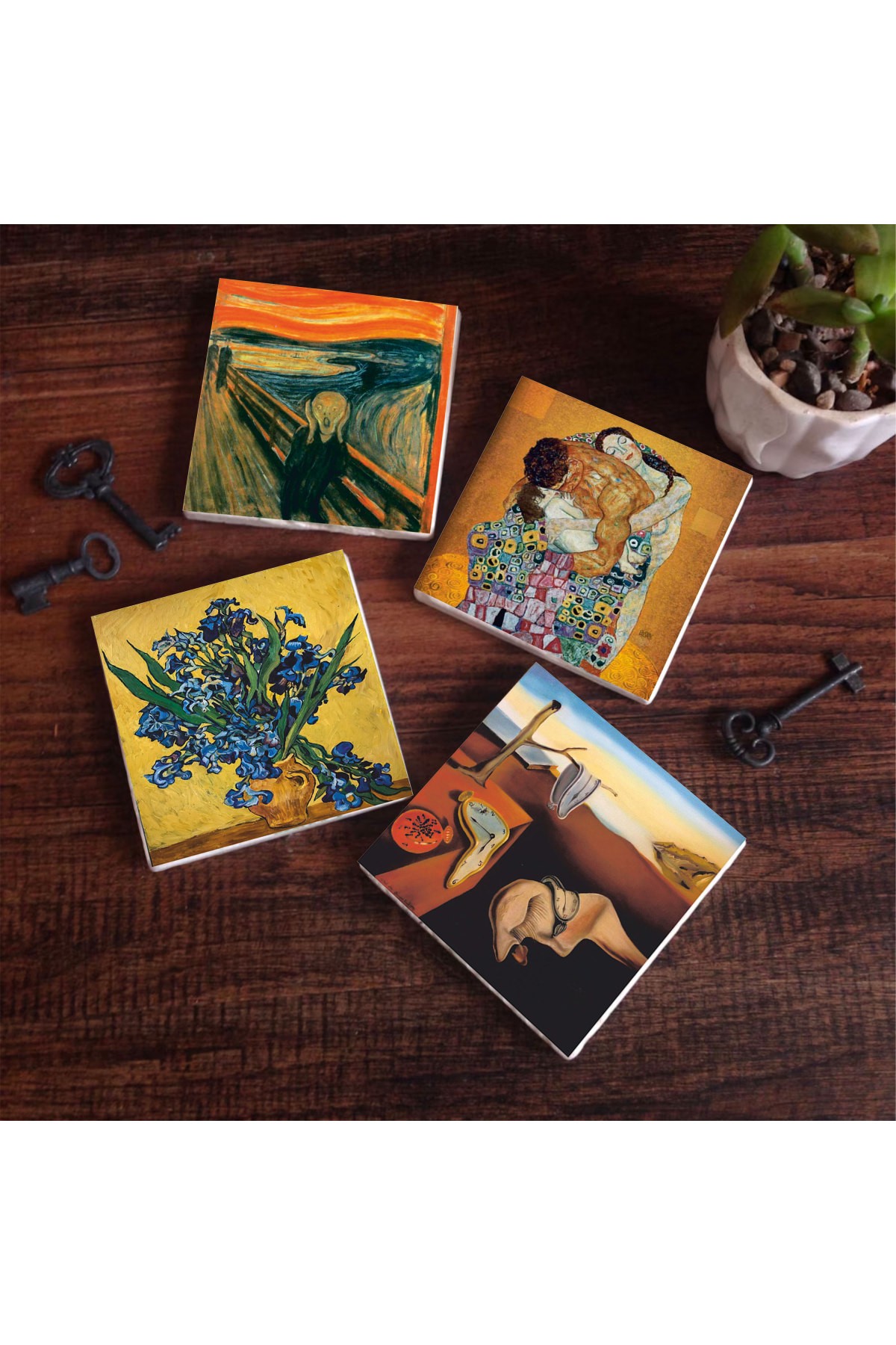 Dalí The Persistence of Memory, Van Gogh Irises, The Scream, Gustav Klimt Family Embrace Stone Coasters Desktop Protective Coaster 4 Piece Set 10x10cm Stone Coasters