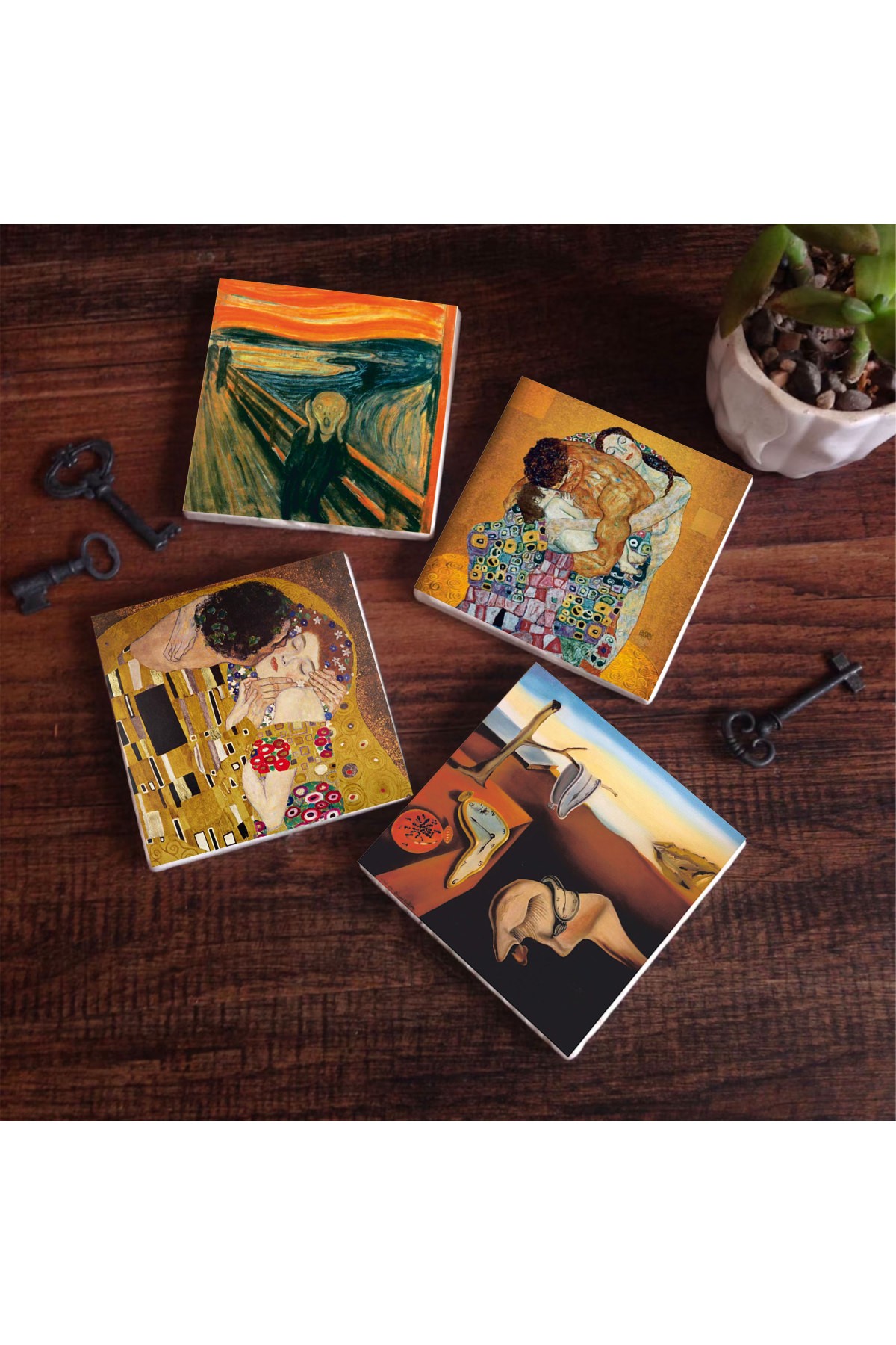 Salvador Dalí The Persistence of Memory, The Scream, Gustav Klimt Family Hug, The Kiss Stone Coasters Desktop Protective Coasters 4 Piece Set 10x10cm Stone Coasters