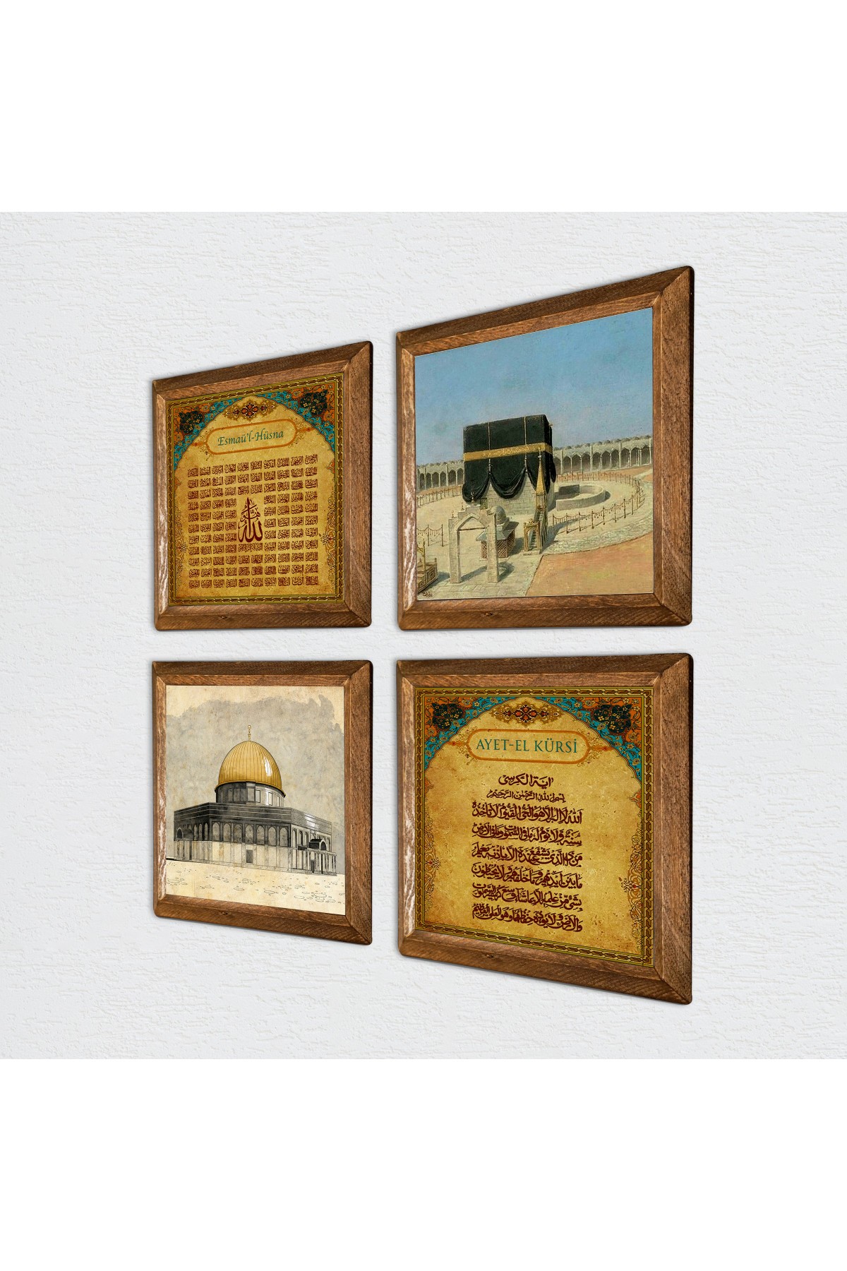 Kaaba-i Muazzama, Masjid al-Aqsa, Ayat al-Kursi, Esma'ul Husna Stone Wall Painting Wooden Framed Wall Decoration 4 Piece Painting Set Wall Art