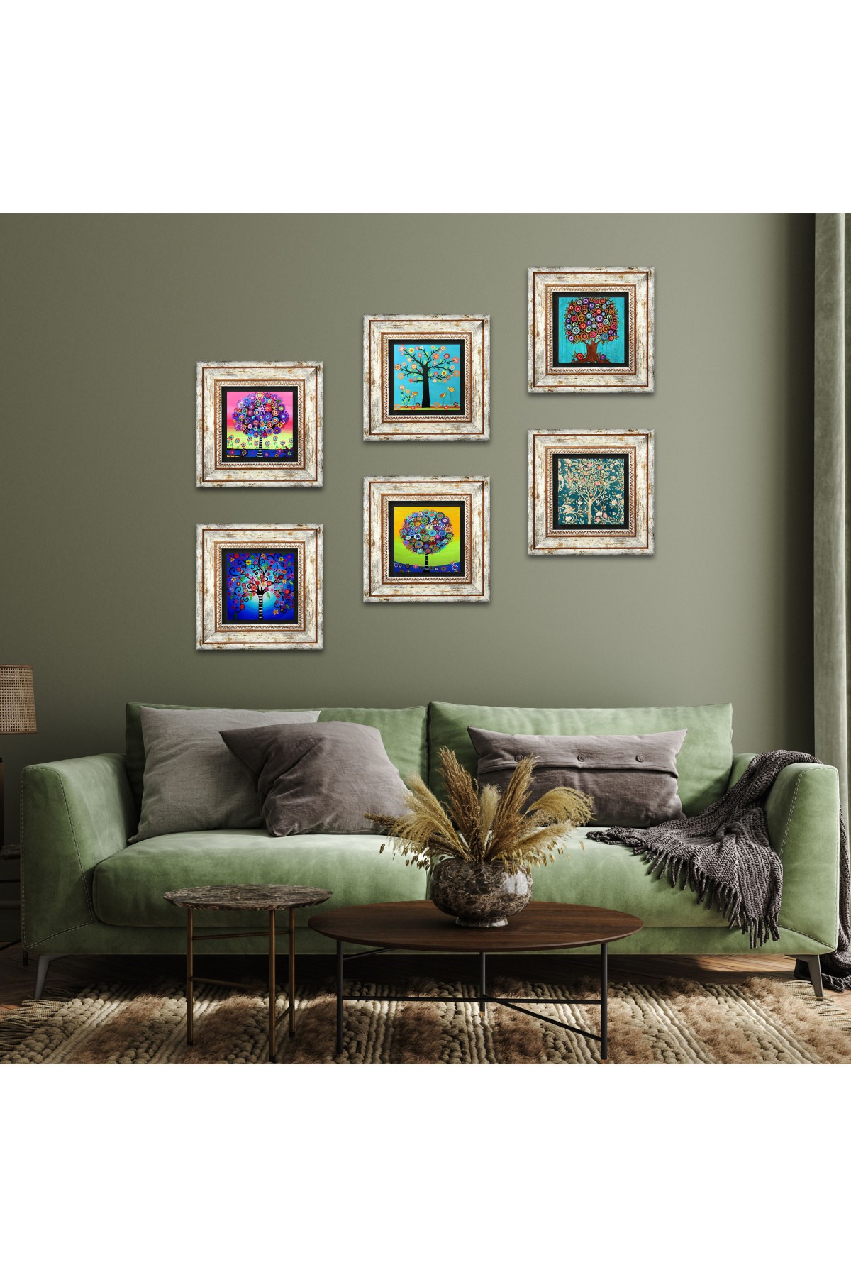 Hayat Ağacı Taş Duvar Tablosu Çerçeveli Duvar Dekoru 6 Parça Tablo Seti Wall Art