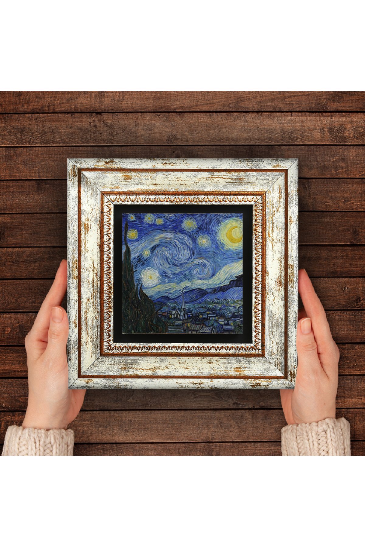 Van Gogh Yıldızlı Gece Taş Duvar Tablosu Çerçeveli Duvar Dekoru Wall Art