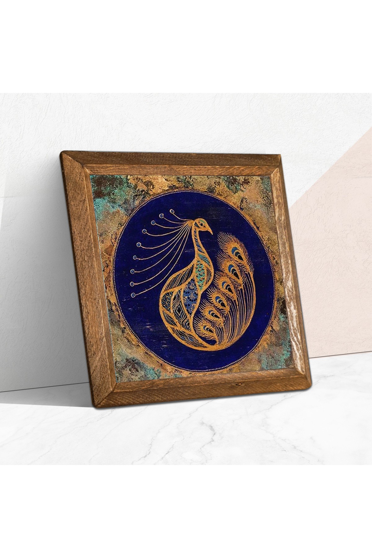 Tavus Kuşu Taş Duvar Tablosu Ahşap Çerçeveli Duvar Dekoru Wall Art 25x25cm