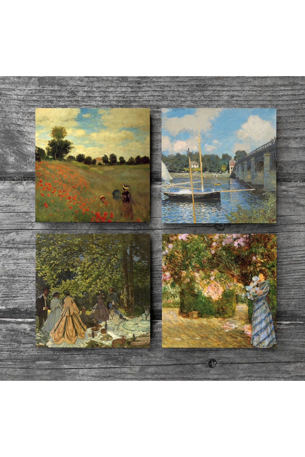 Claude Monet Bahçede, Kırda Öğle Yemeği, Argenteuil'de Köprü, Gelincikler Taş Bardak Altlığı Masaüstü Koruyucu Altlık 4 Parça Set 10x10cm Stone Coasters