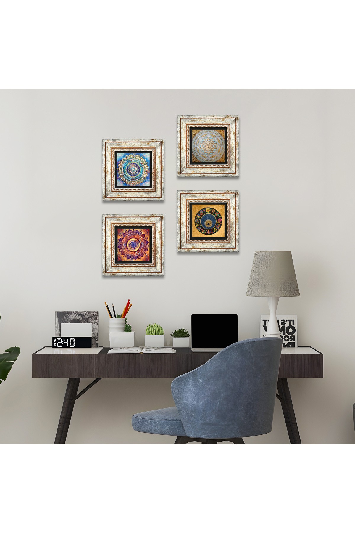 Mandala, Sri Yantra, Nazar Taş Duvar Tablosu Çerçeveli Duvar Dekoru 4 Parça Tablo Seti Wall Art