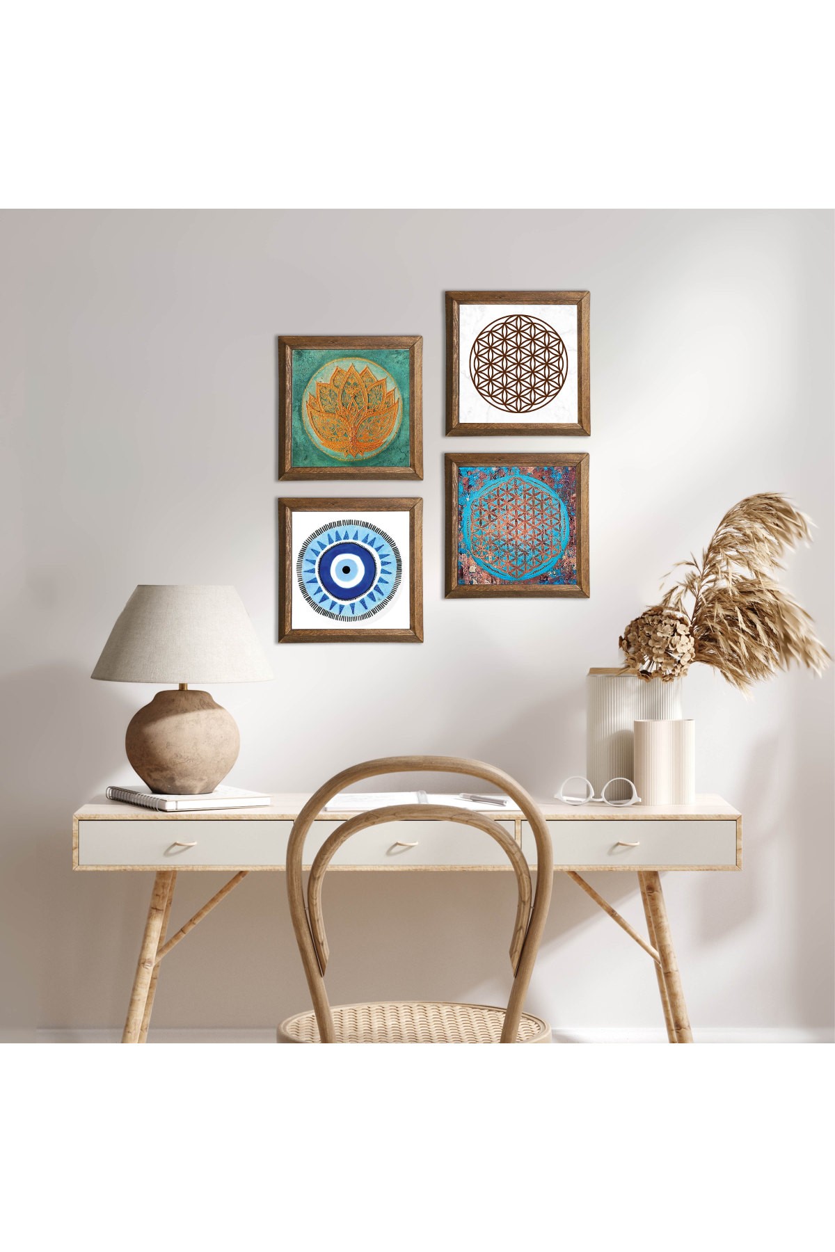 Nazar, Lotus Çiçeği, Yaşam Çiçeği Taş Duvar Tablosu Ahşap Çerçeveli Duvar Dekoru 4 Parça Tablo Seti Wall Art