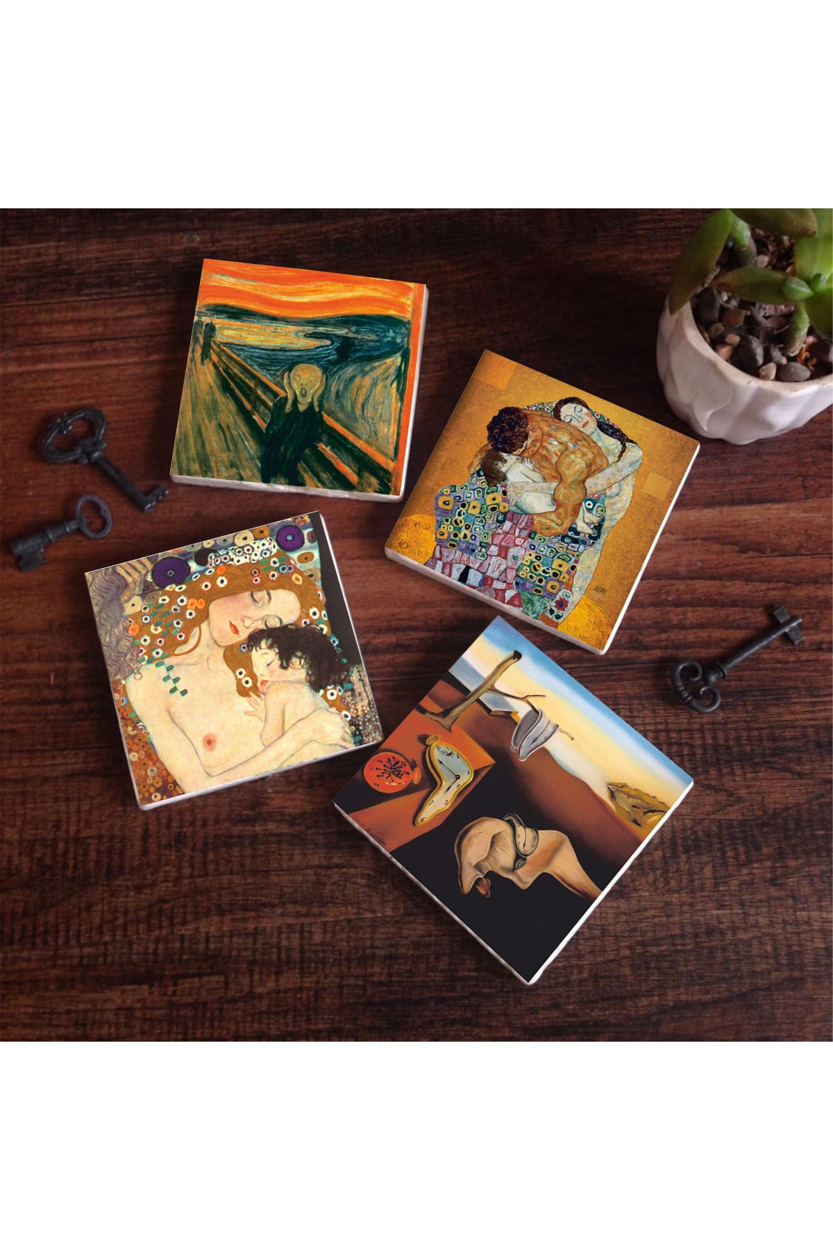 Salvador Dalí The Persistence of Memory, The Scream, Gustav Klimt Family Embrace, Mother Child Stone Coasters Desktop Protective Coasters 4 Piece Set 10x10cm Stone Coasters